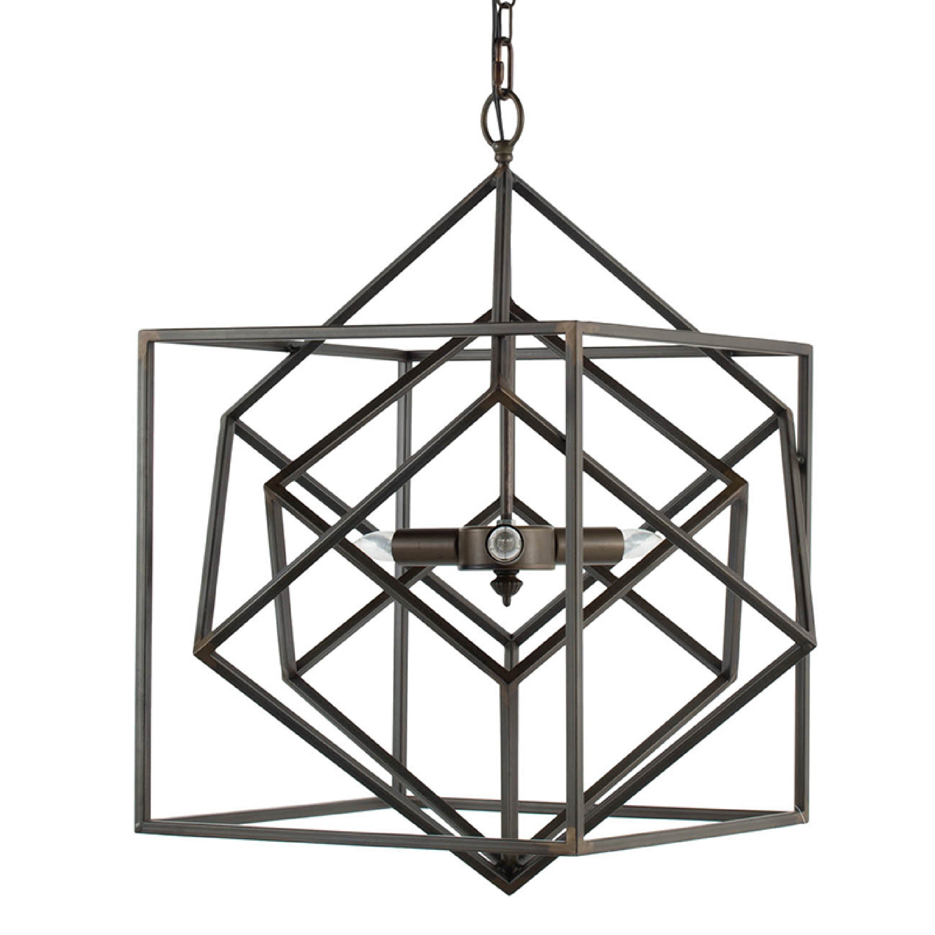 19 Inch 2 Light Chandelier, Geometric Pattern, Iron Frame, Retro, Black