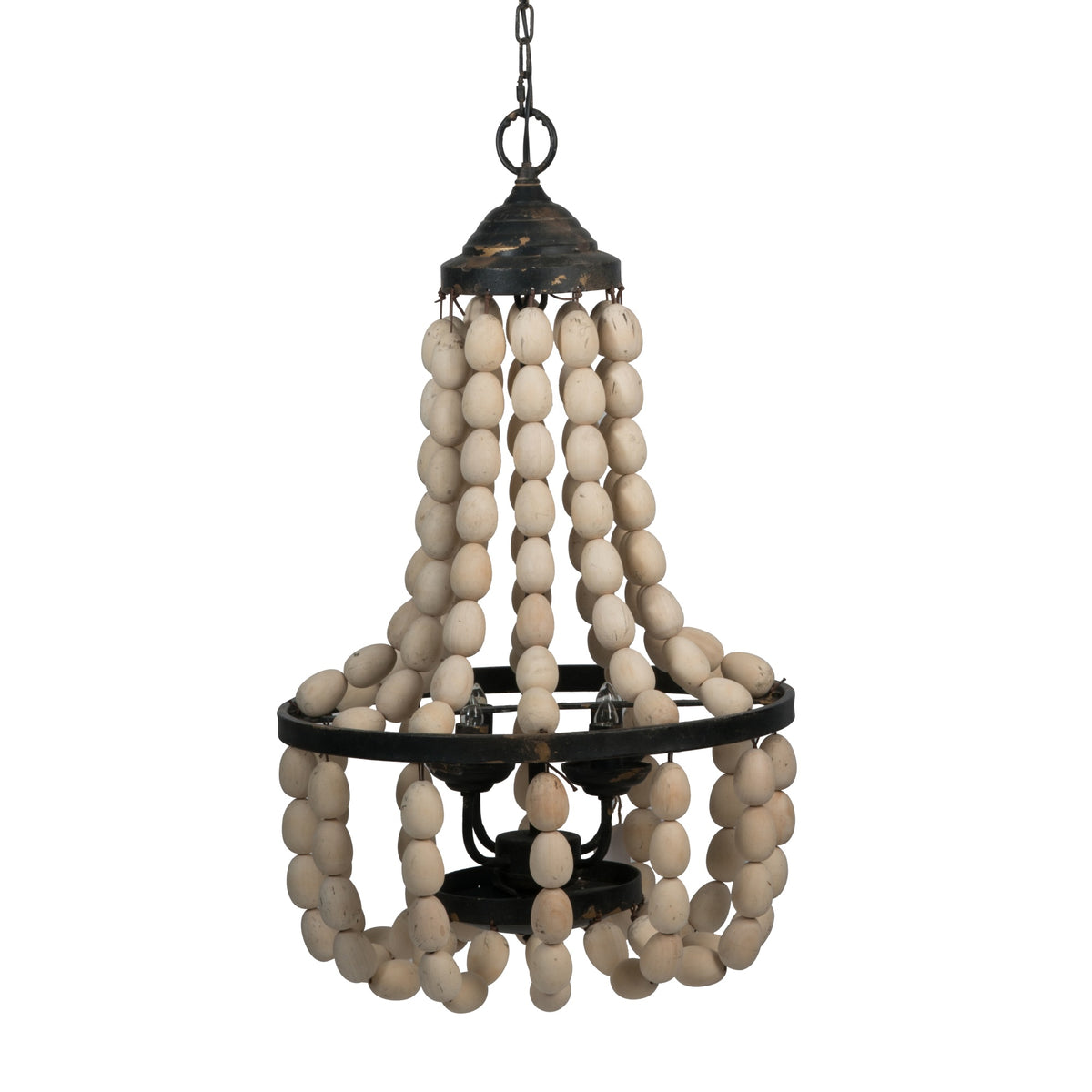 Jonas 20 Inch 4 Light Chandelier, Fir Wood Beads, Off White, Rustic Black