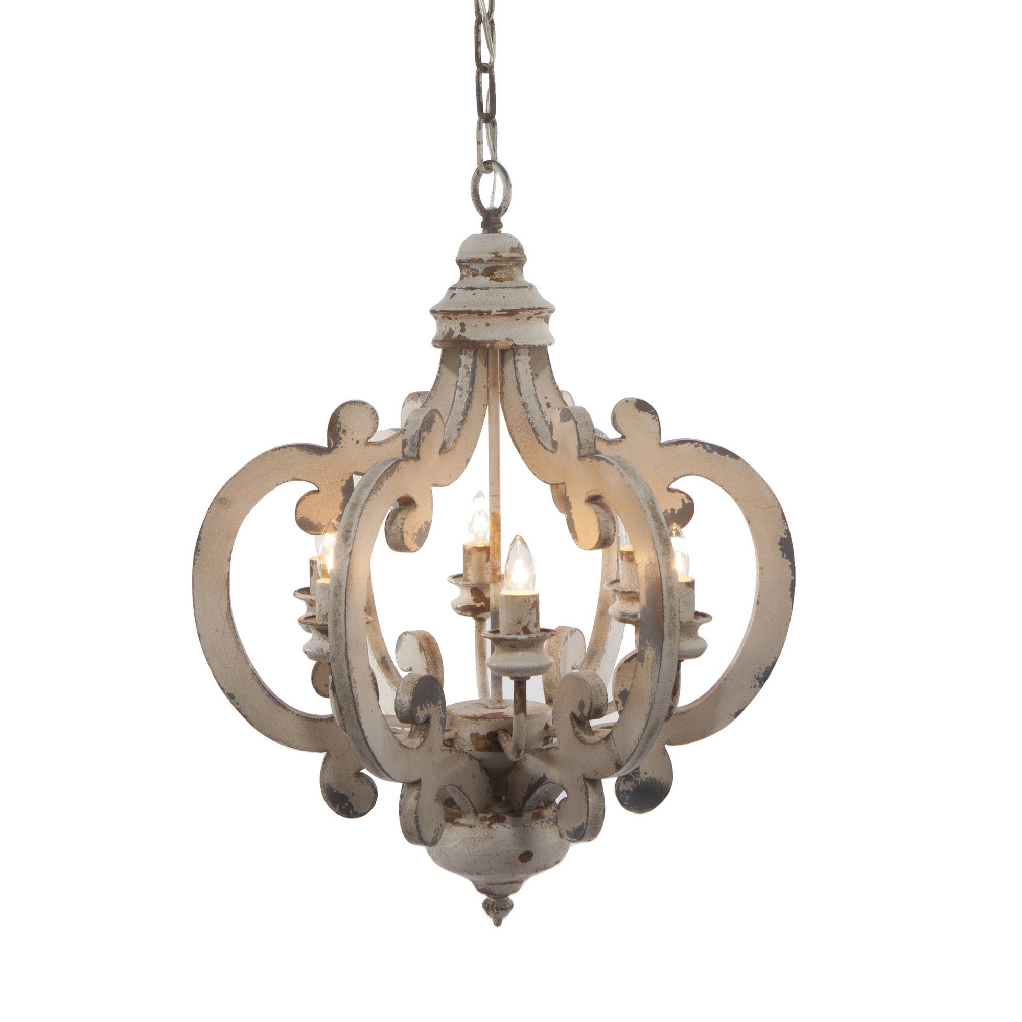 Benzara AKI 21 Inch Chandelier, 6 Light, Carved Wood Frame, Composite Wood and Iron, Vintage Style, White