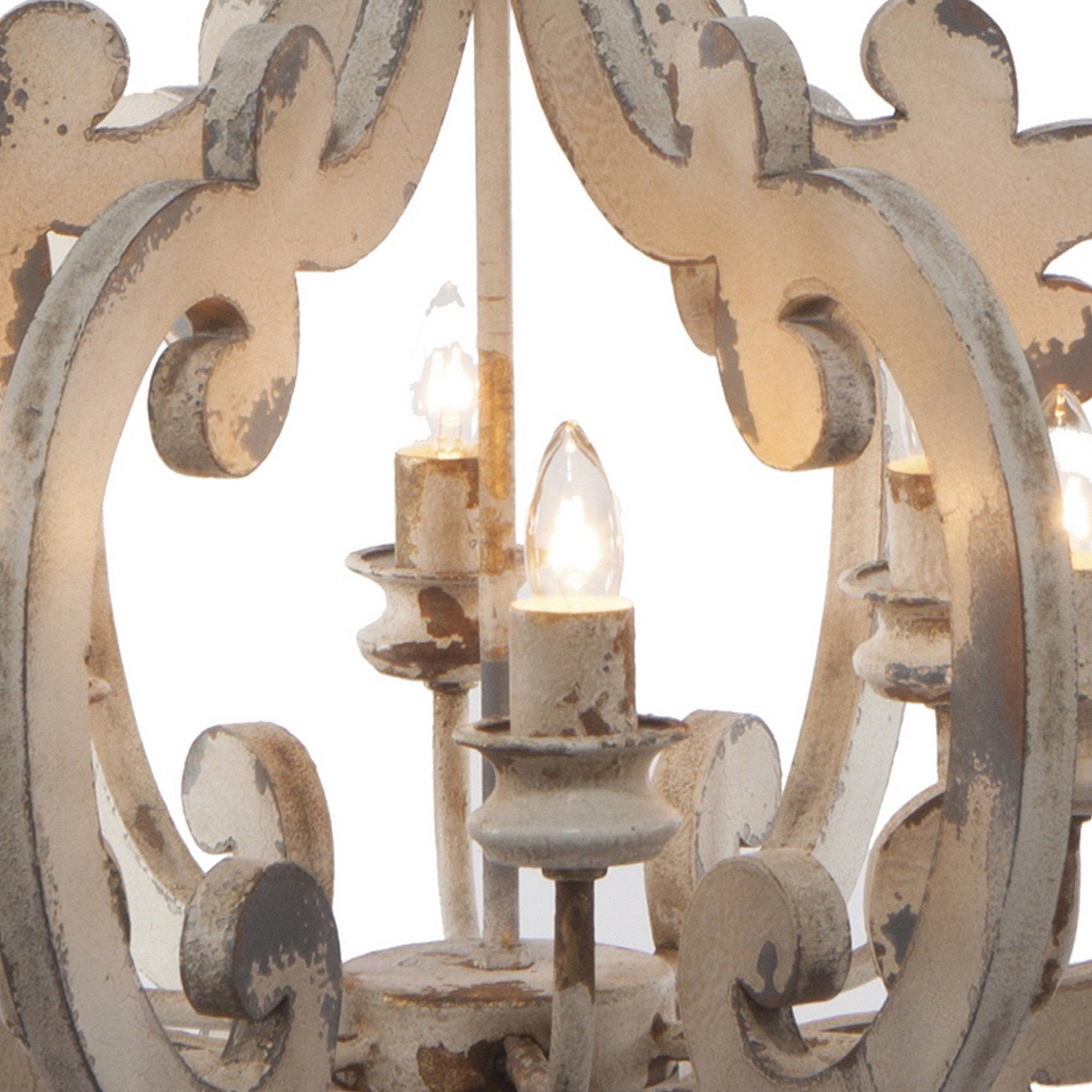 Benzara AKI 21 Inch Chandelier, 6 Light, Carved Wood Frame, Composite Wood and Iron, Vintage Style, White