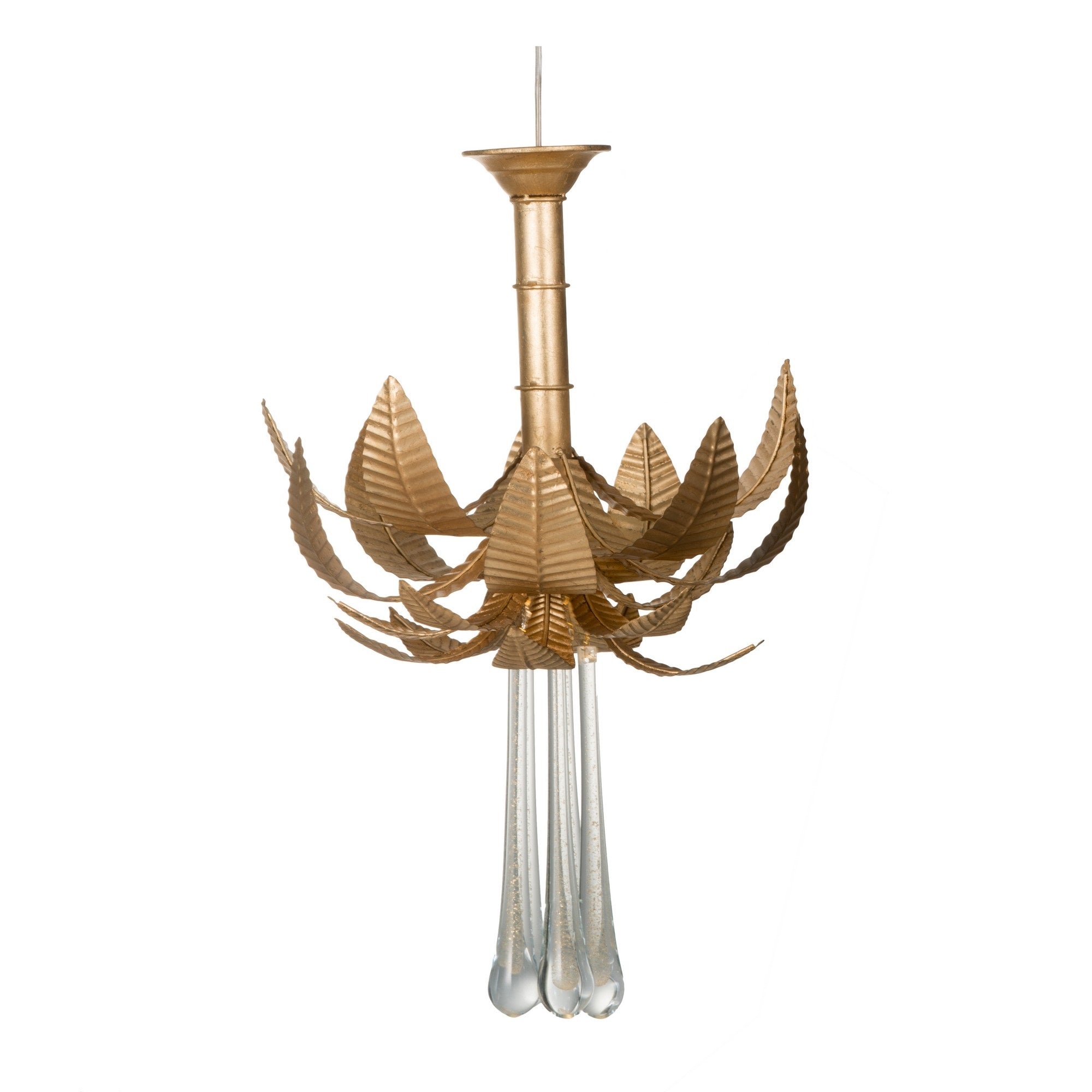 Benjara 20 Inch Chandelier, Textured Leaves, Glass Clear Crystals, Modern, Gold