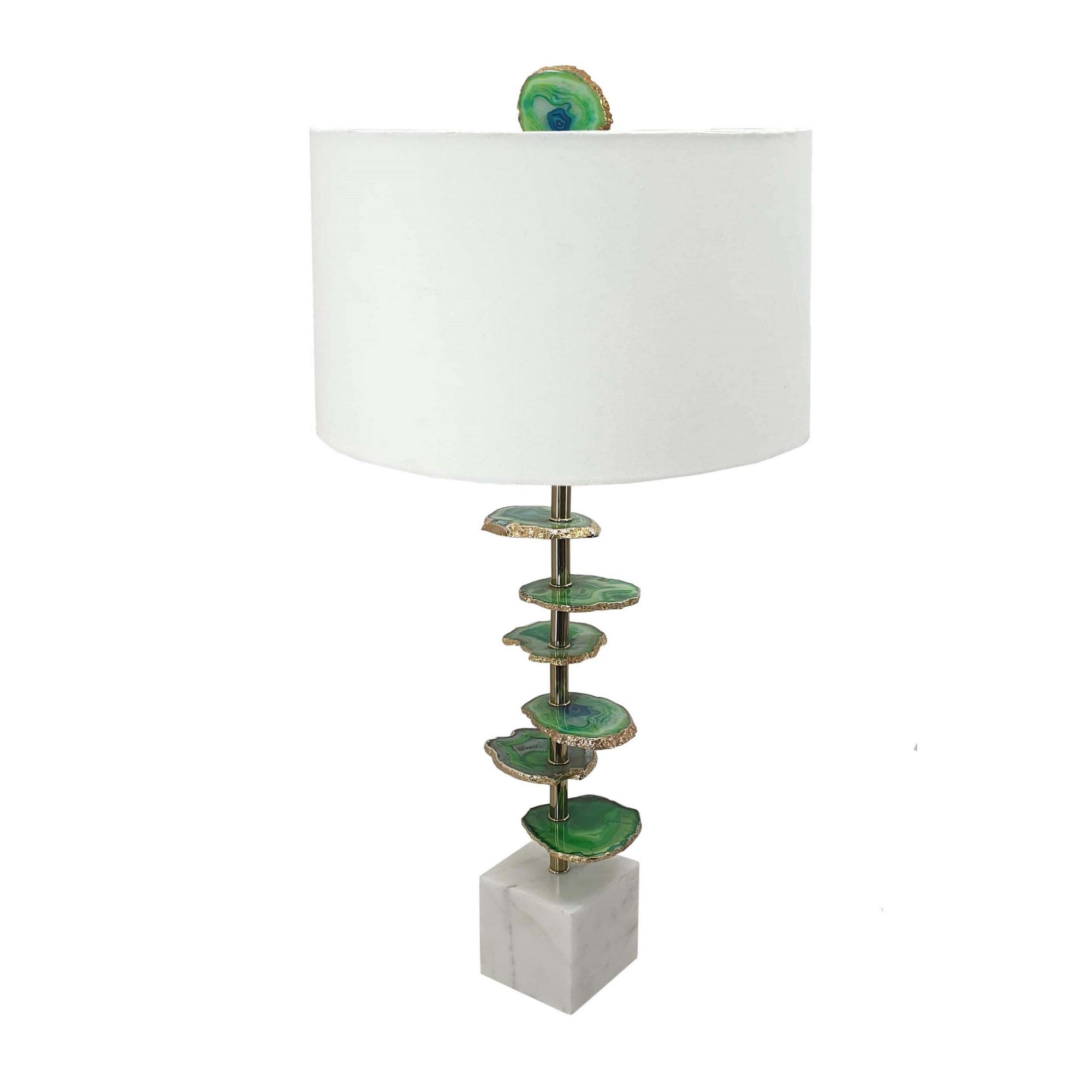 Benzara Table Lamp with Agate Slices and Linen Drum Shade, 30 Inch, White and Green, Model BM286095