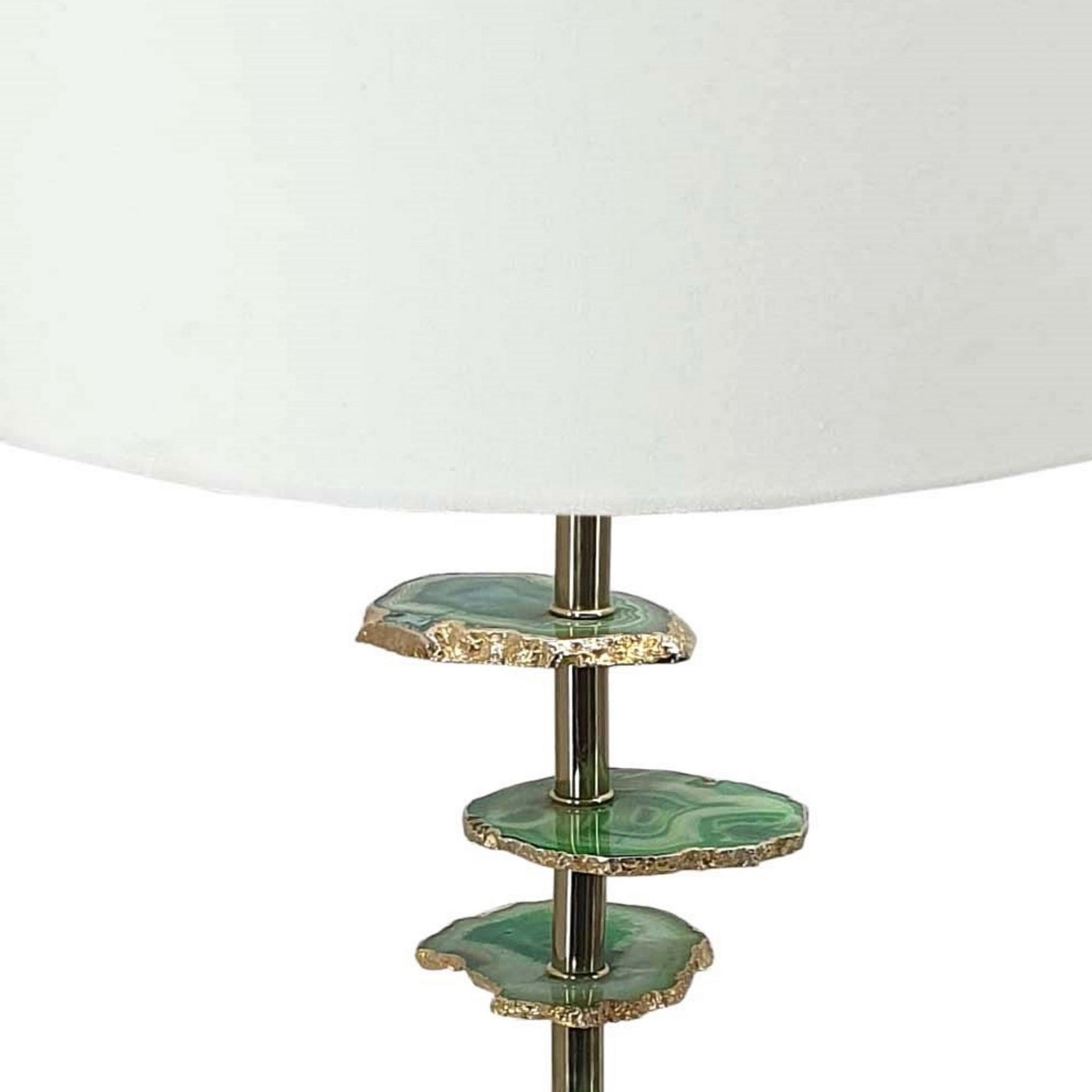 Benzara Table Lamp with Agate Slices and Linen Drum Shade, 30 Inch, White and Green, Model BM286095