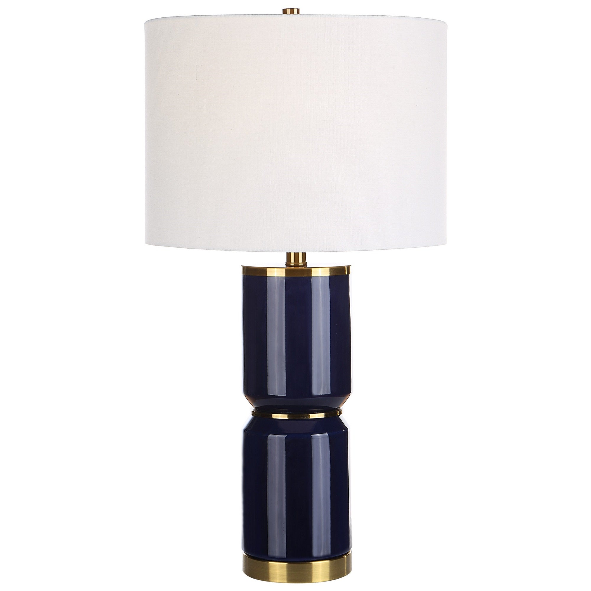 Benzara 26 Inch Modern Table Lamp, Ceramic Body, Hardback Linen Shade, Blue and Gold