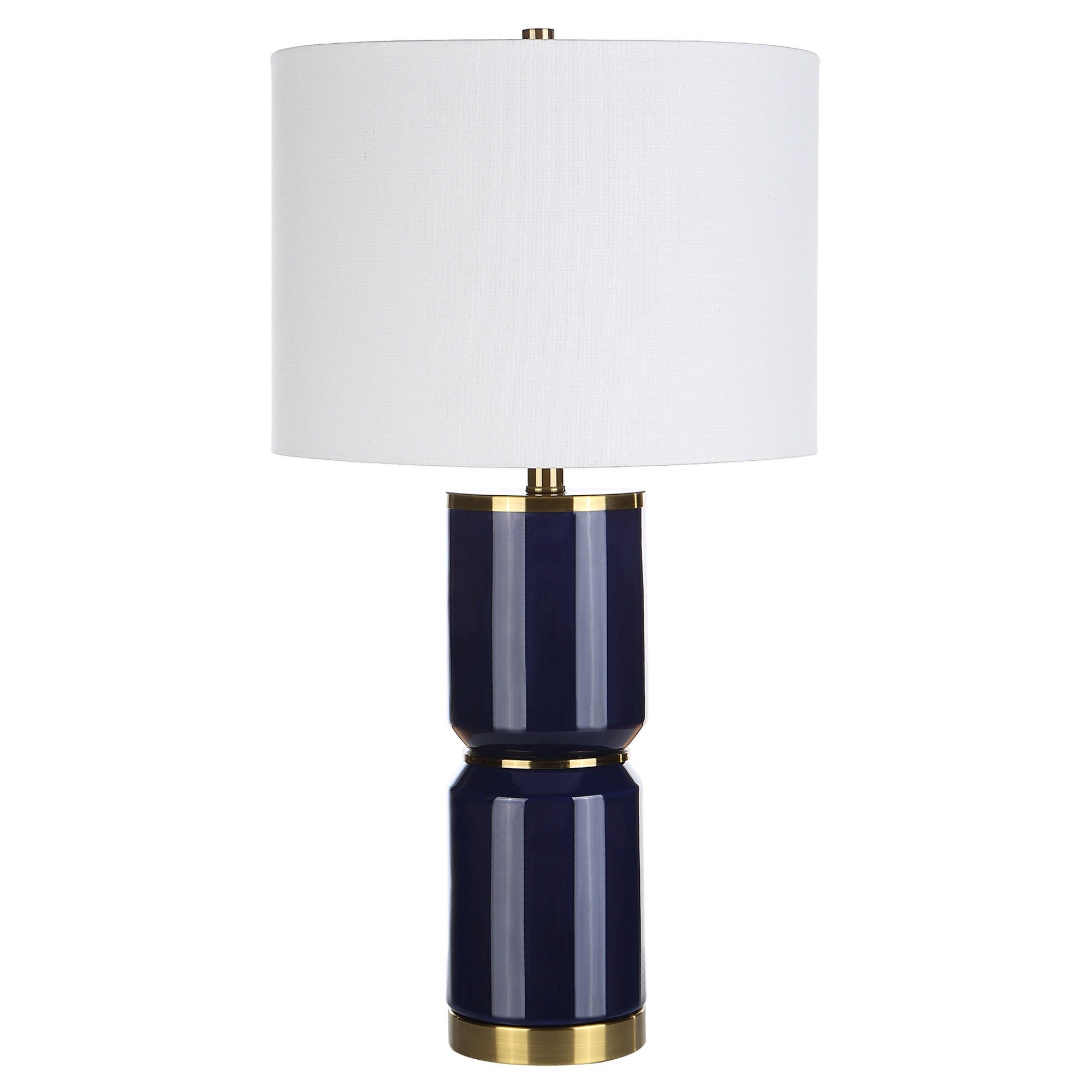 Benzara 26 Inch Modern Table Lamp, Ceramic Body, Hardback Linen Shade, Blue and Gold