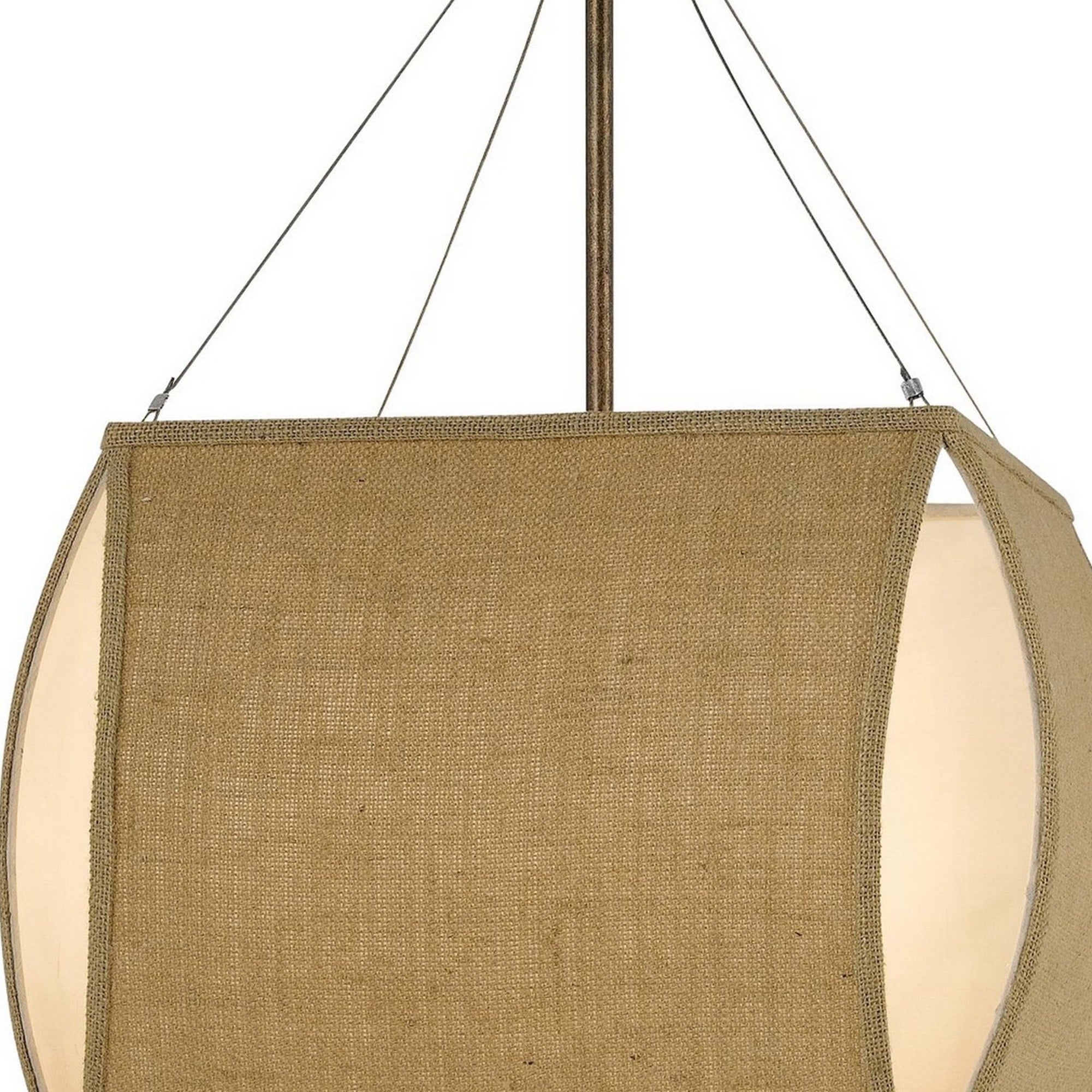 38 Inch 4 Light Arc Chandelier with Hanging Crystals, Fabric Shade, Beige
