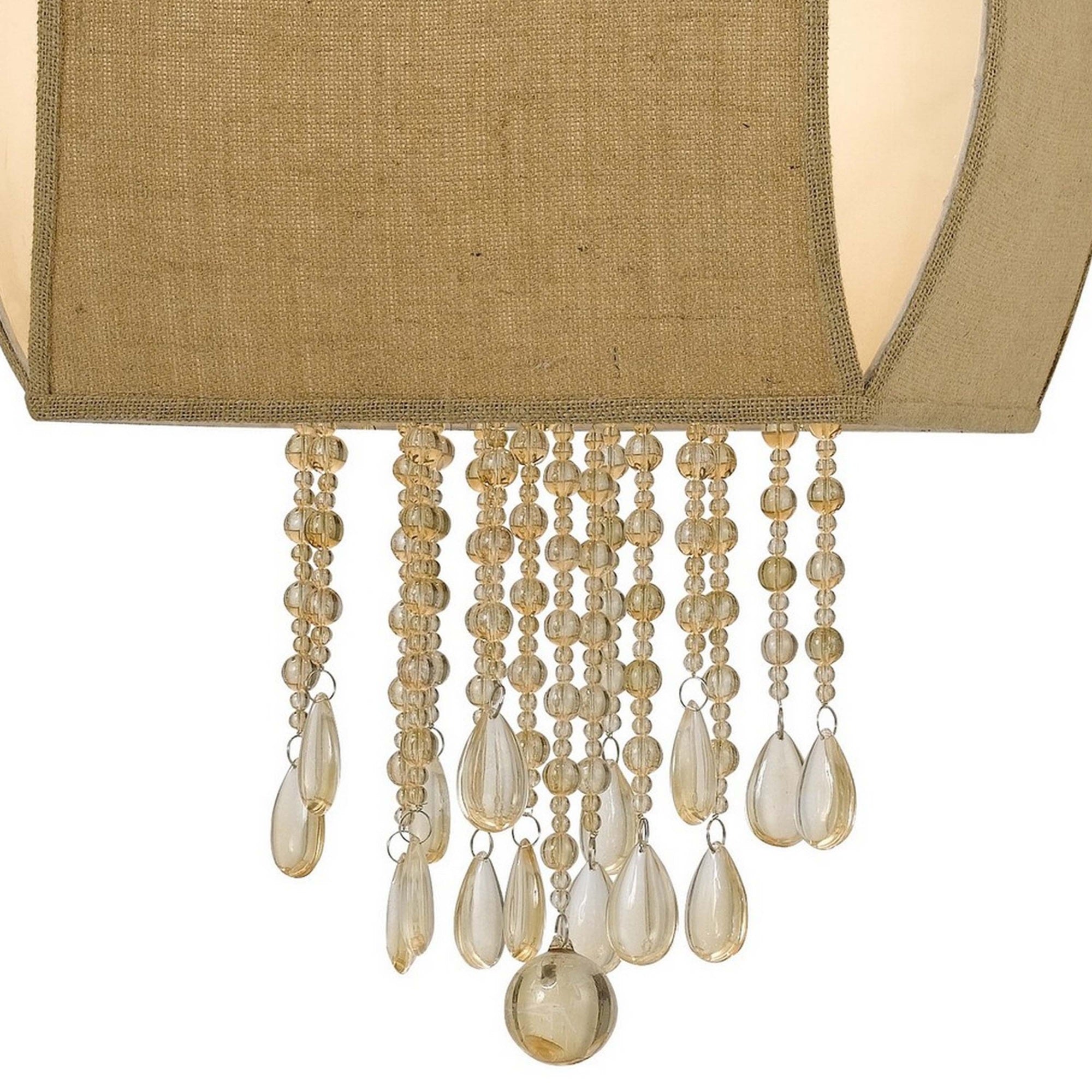 38 Inch 4 Light Arc Chandelier with Hanging Crystals, Fabric Shade, Beige