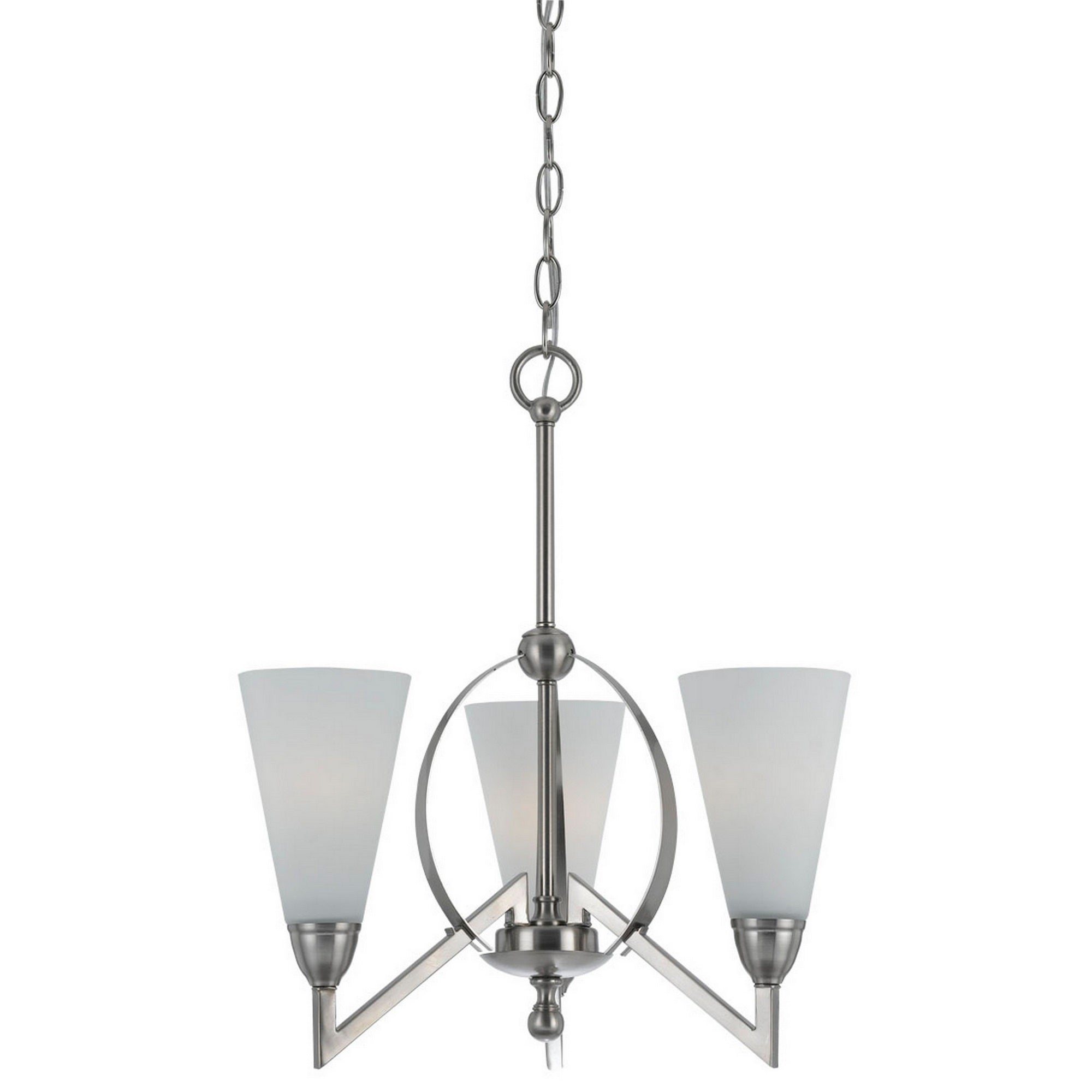 19 Inch 3 Light Chandelier with Frosted Glass Shade, Silver Finish, White