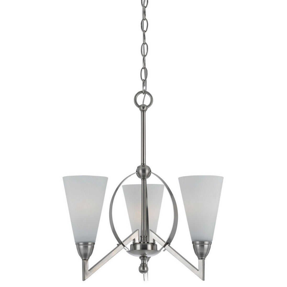 19 Inch 3 Light Chandelier with Frosted Glass Shade, Silver Finish, White