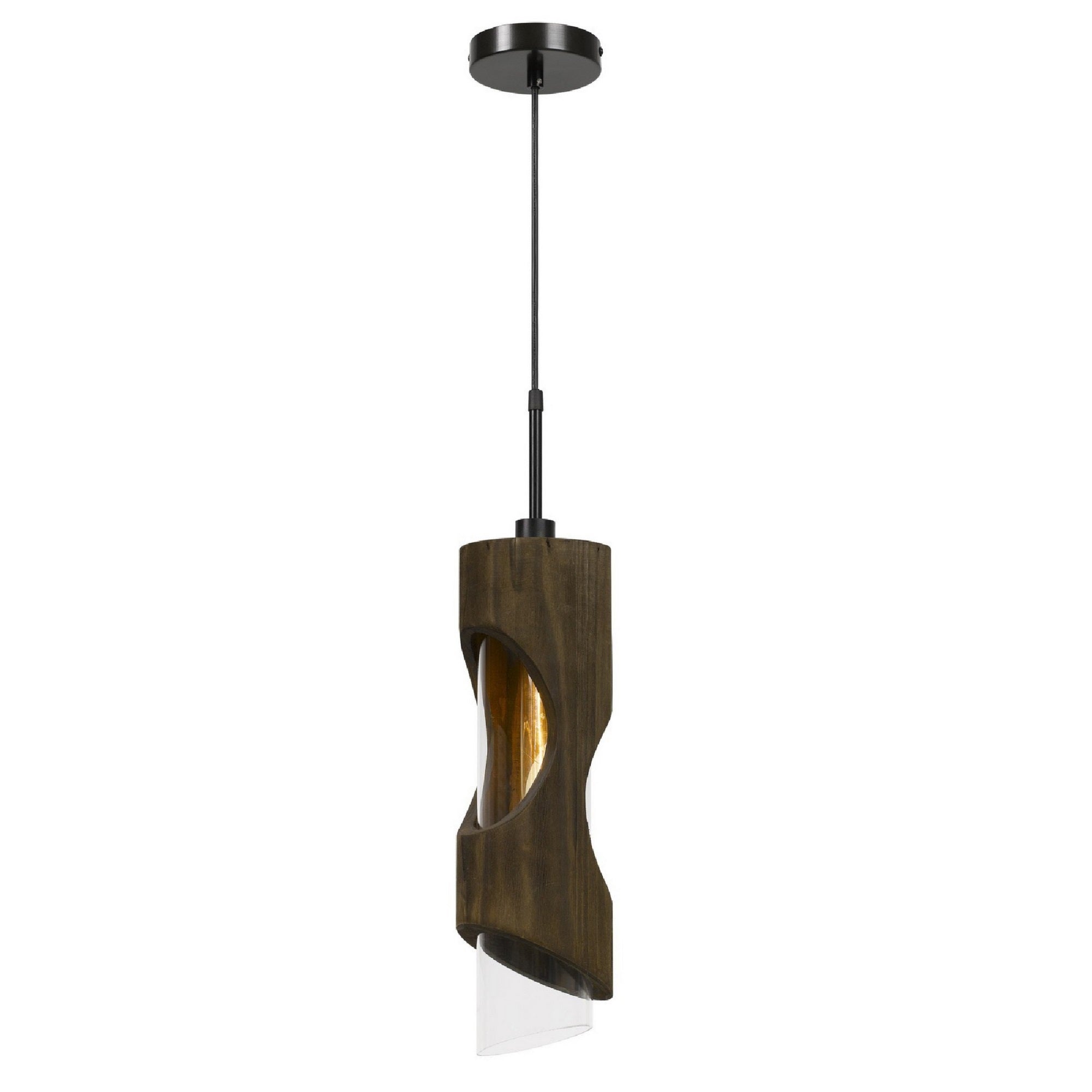 6 Inch Modern Pendent Light with Glass Shade, Wood Accent, Metal, Brown