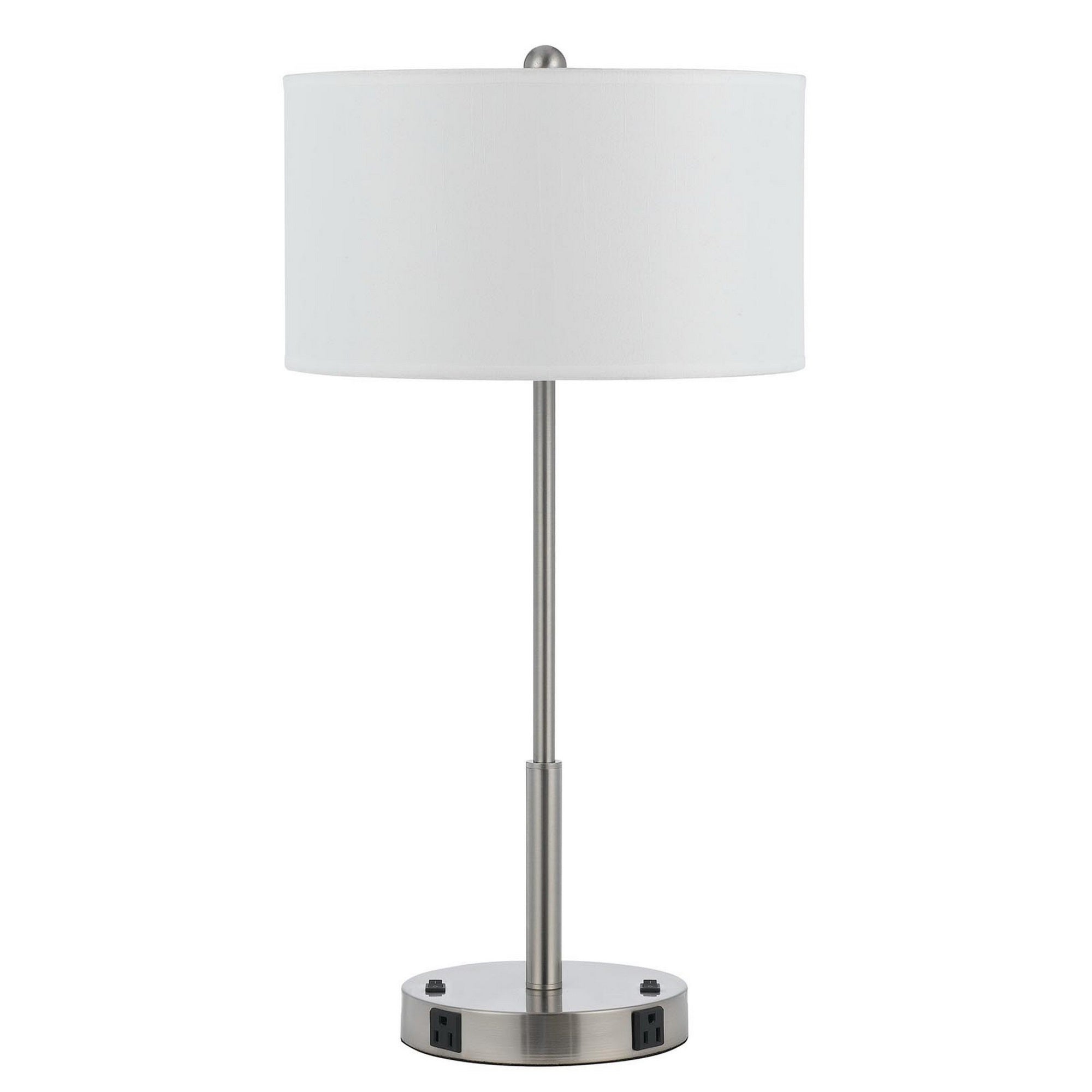 27 Inch Modern Table Lamp with Round Drum Shade, 2 Outlets, White, Chrome