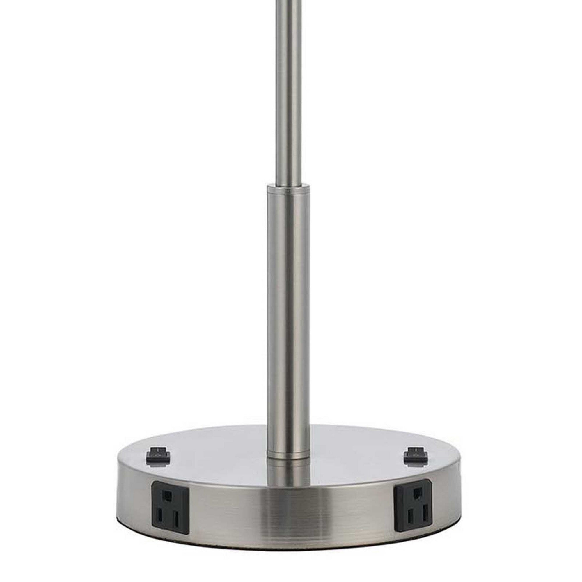 27 Inch Modern Table Lamp with Round Drum Shade, 2 Outlets, White, Chrome