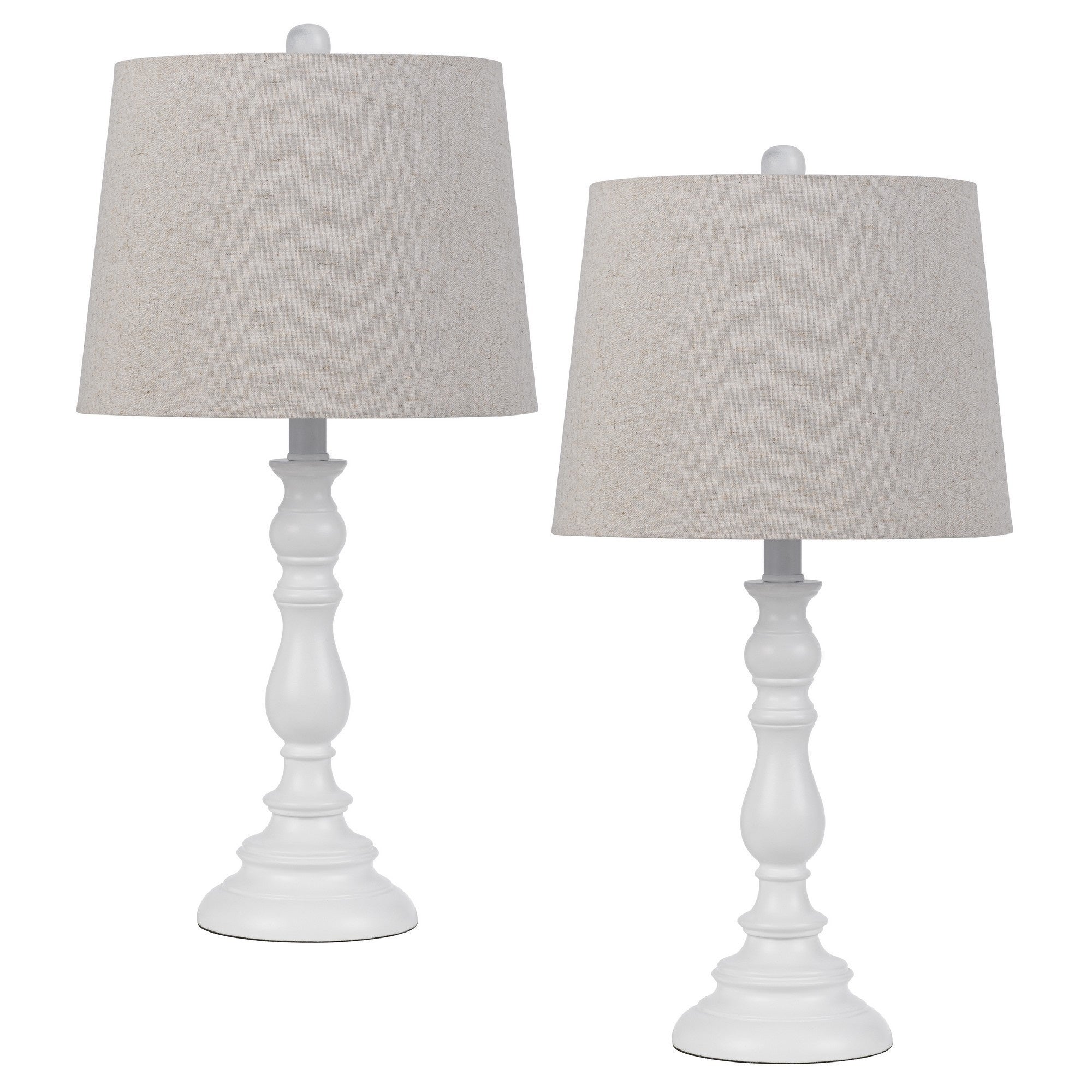 28 Inch Table Lamp, Set of 2, Beige Fabric Shades, White Turned Frame