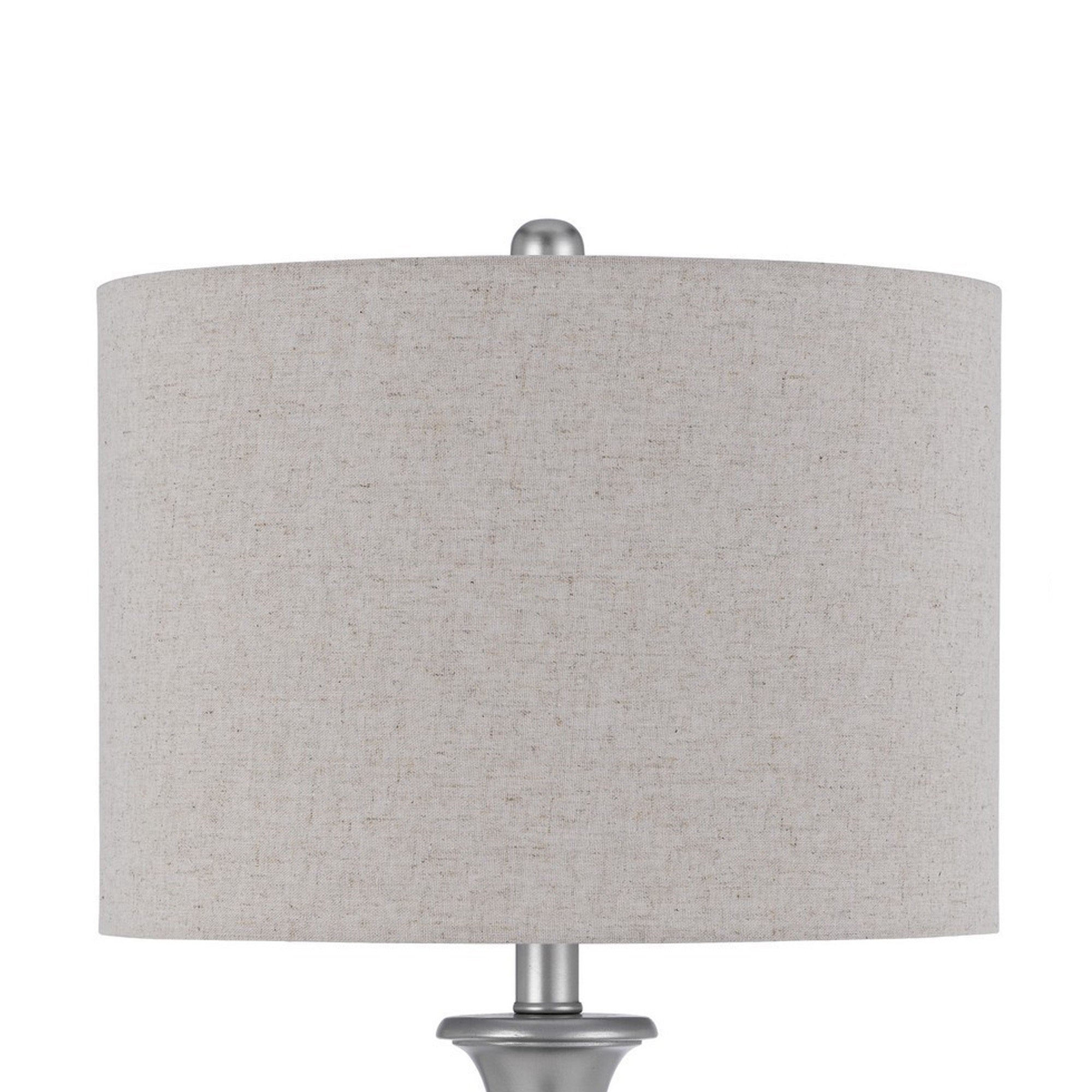 28 Inch Table Lamp, Set of 2, Beige Fabric Shade, Silver Carved Frame