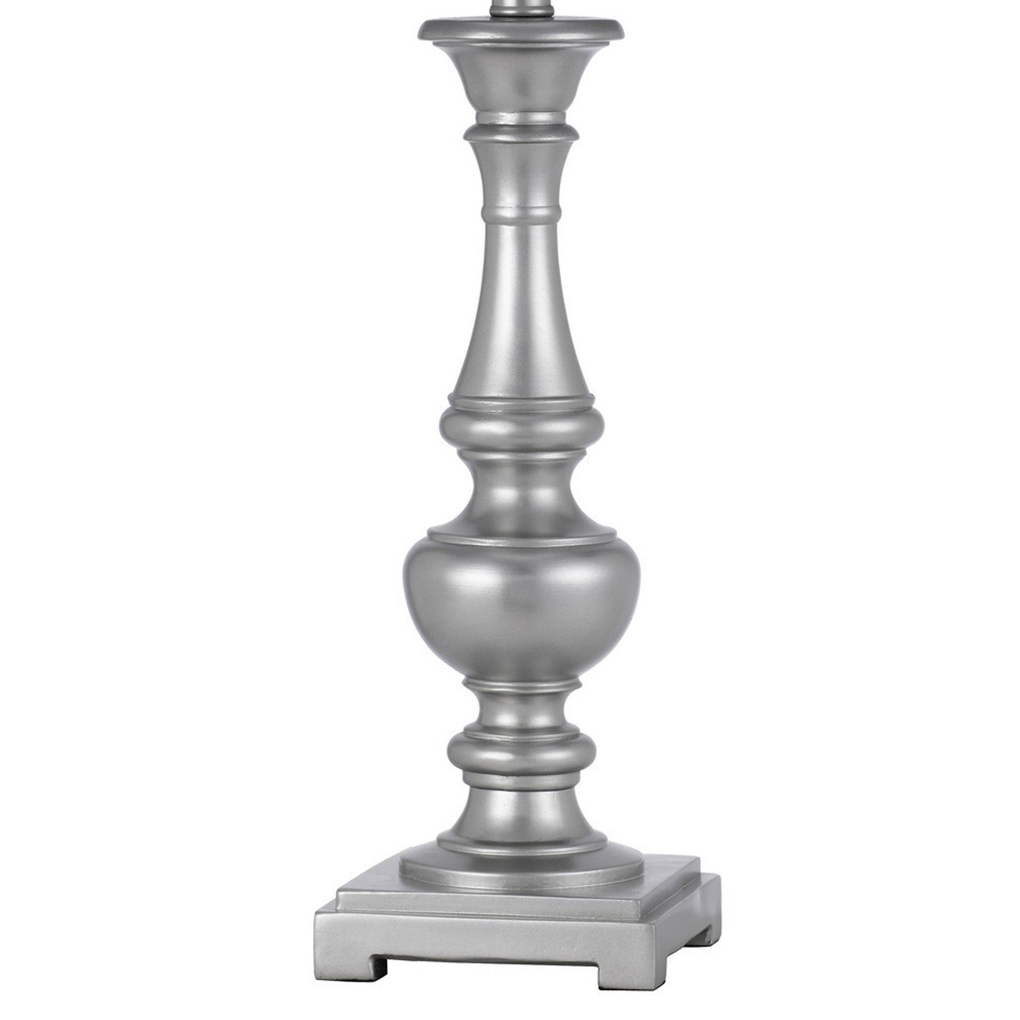 28 Inch Table Lamp, Set of 2, Beige Fabric Shade, Silver Carved Frame