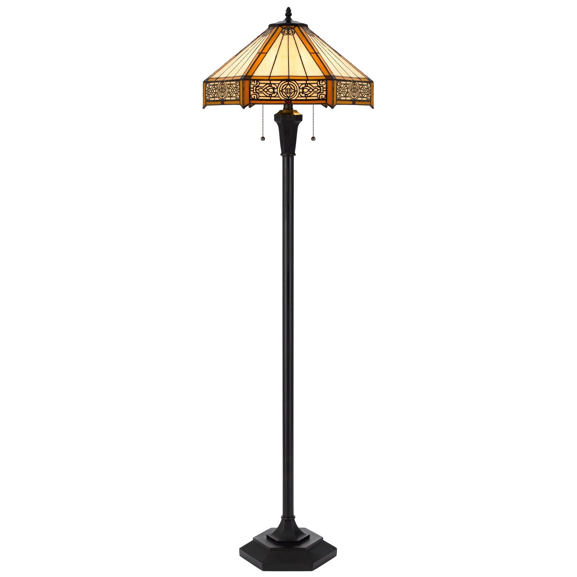 Benzara Floor Lamp with Hexagonal Tiffany Style Shade, Dual Light, 60 Inch, Bronze and Multicolor, Model BM295959