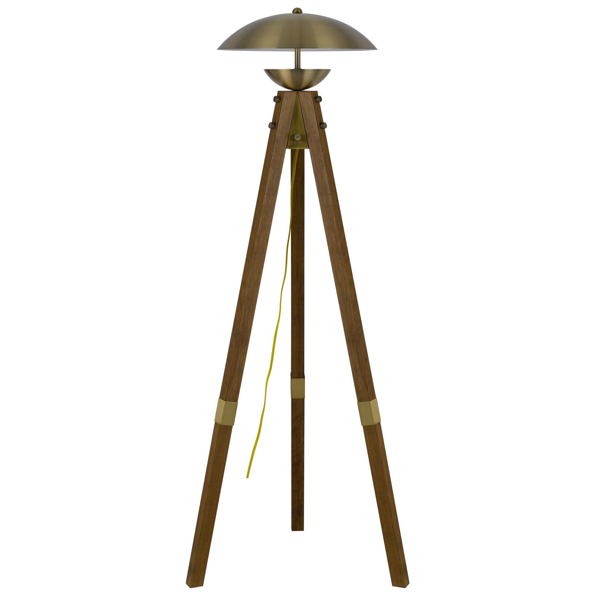 55 Inch Wood Tripod Floor Lamp, Half Domed Metal Shade, Antique Brass