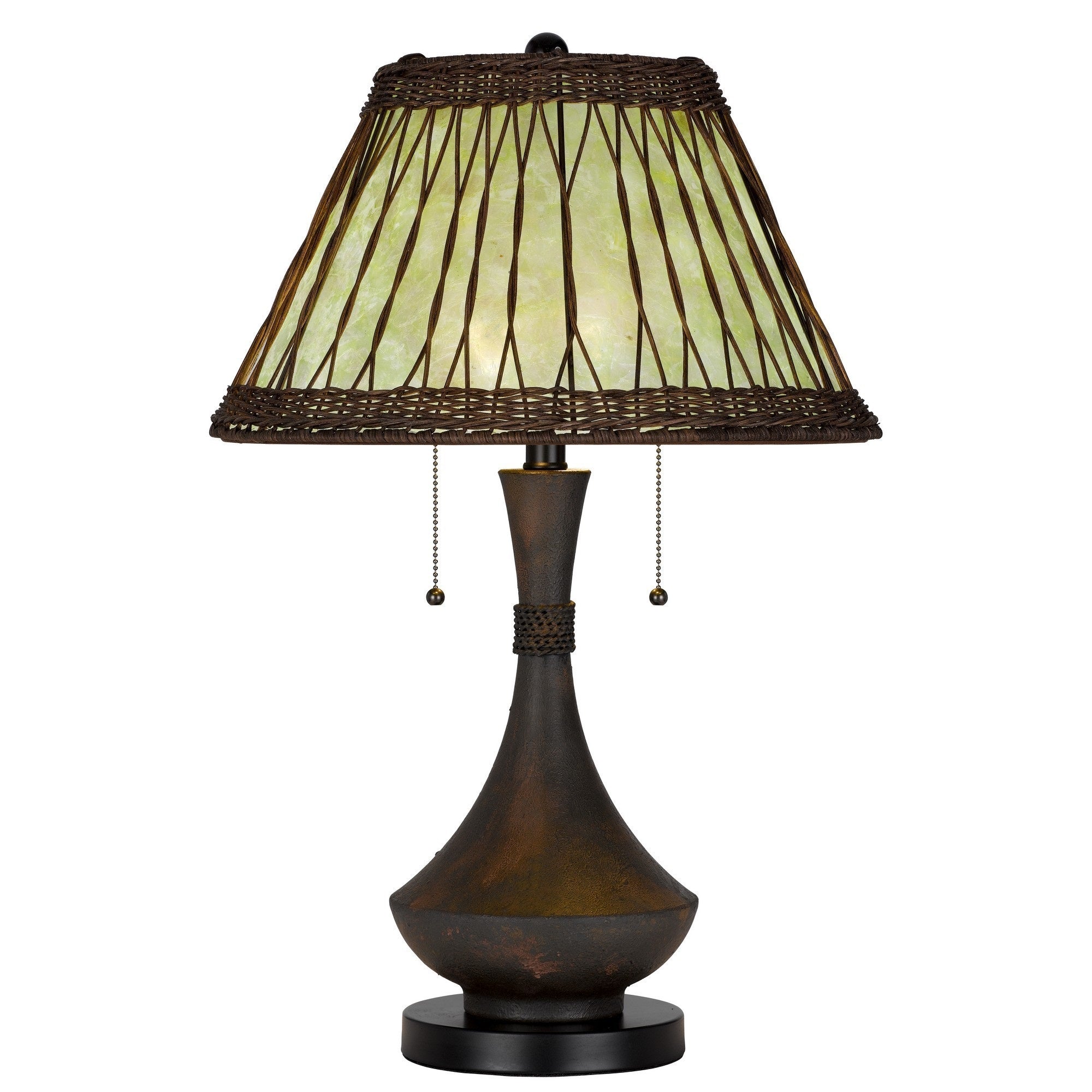26 Inch Table Lamp, Bamboo Woven Stained Green Shade, Wicker Trim, Bronze
