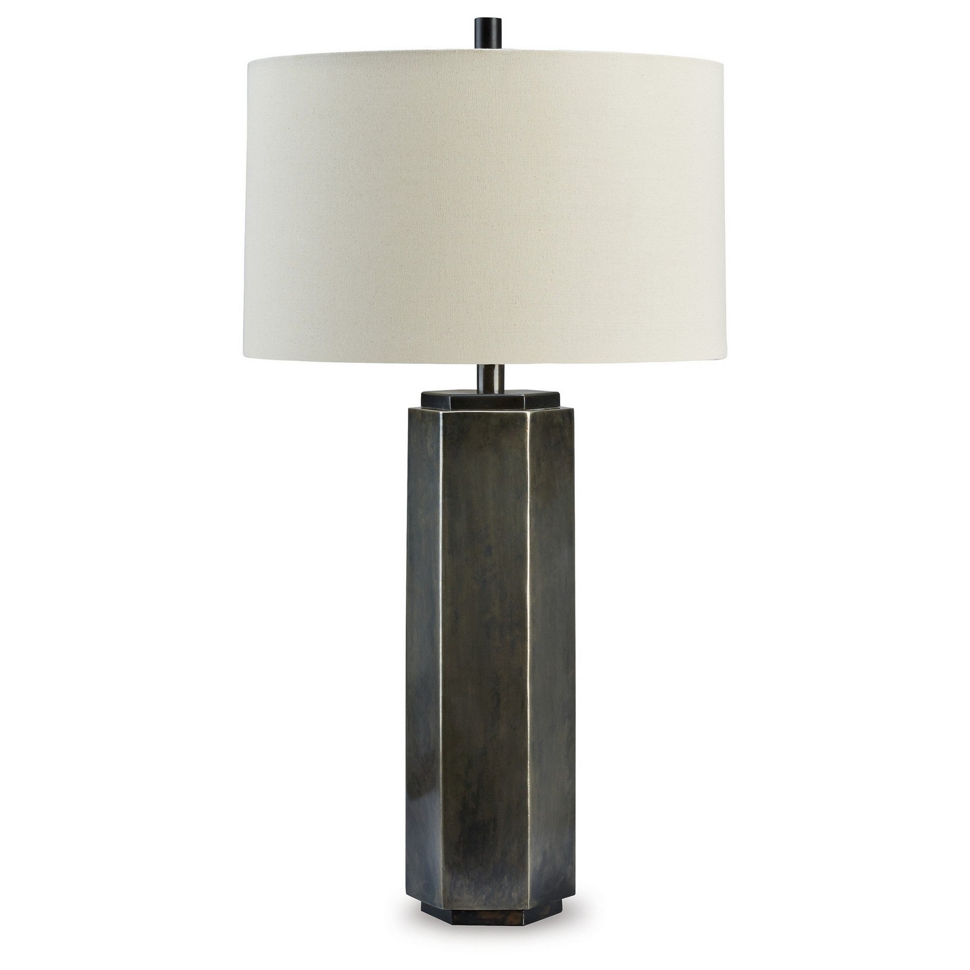 Benzara Bm296516 31 In. Table Lamp With Vintage Pewter Hexagonal Metal Base & Fabric Drum Shade Antique Pewter & Black