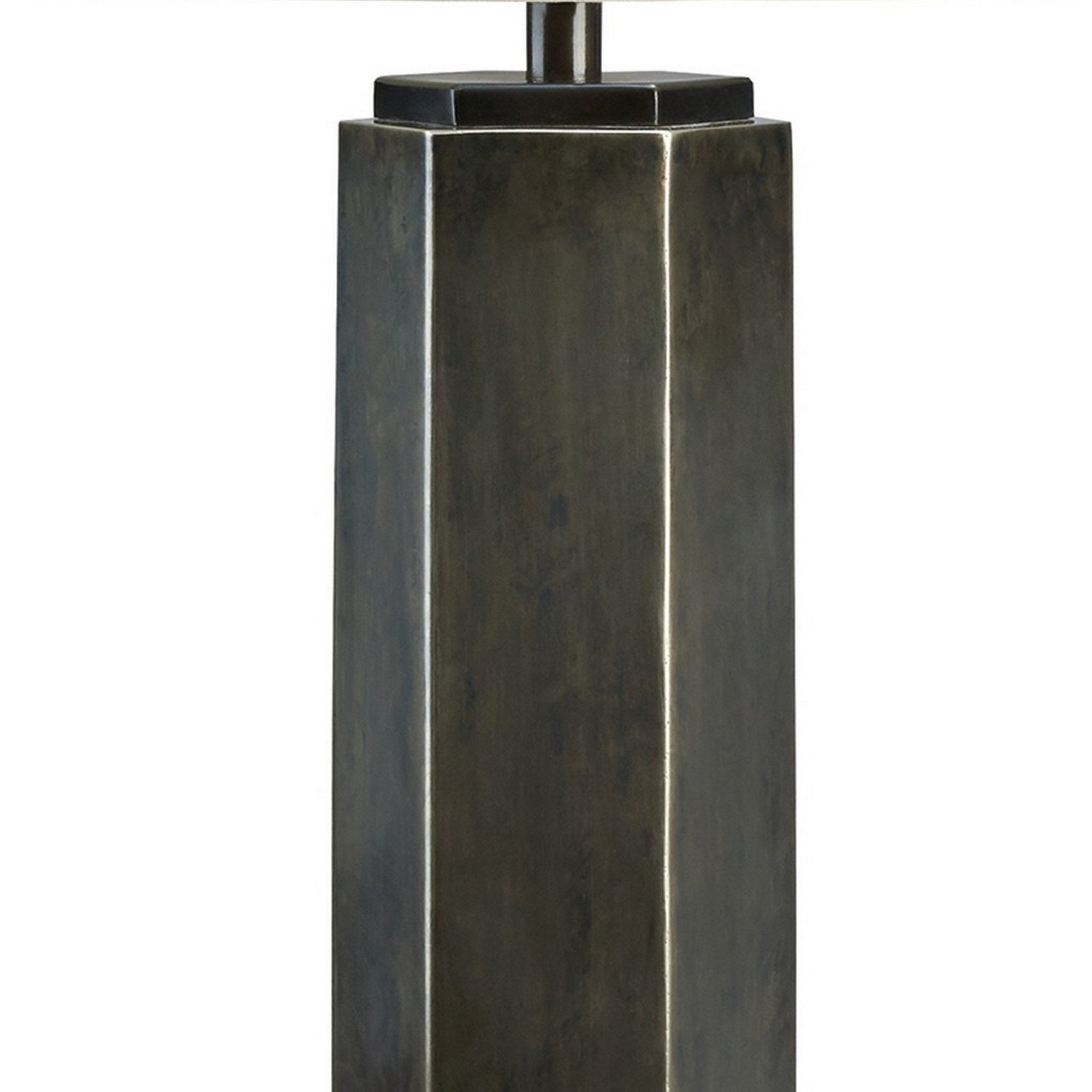 Benzara Bm296516 31 In. Table Lamp With Vintage Pewter Hexagonal Metal Base & Fabric Drum Shade Antique Pewter & Black