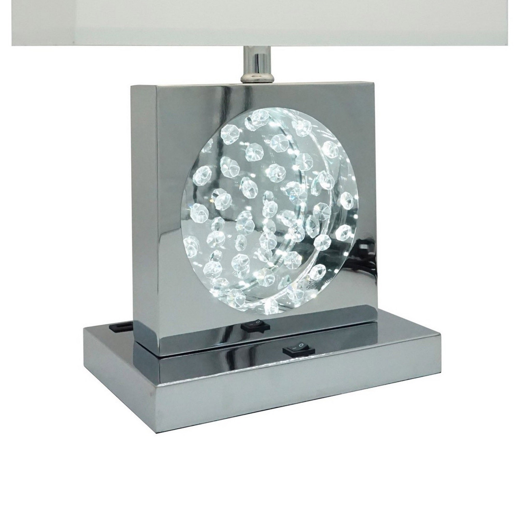 Benzara Table Lamp with Chrome Base, 22 in. Height, White Fabric Shade, Model BM300855
