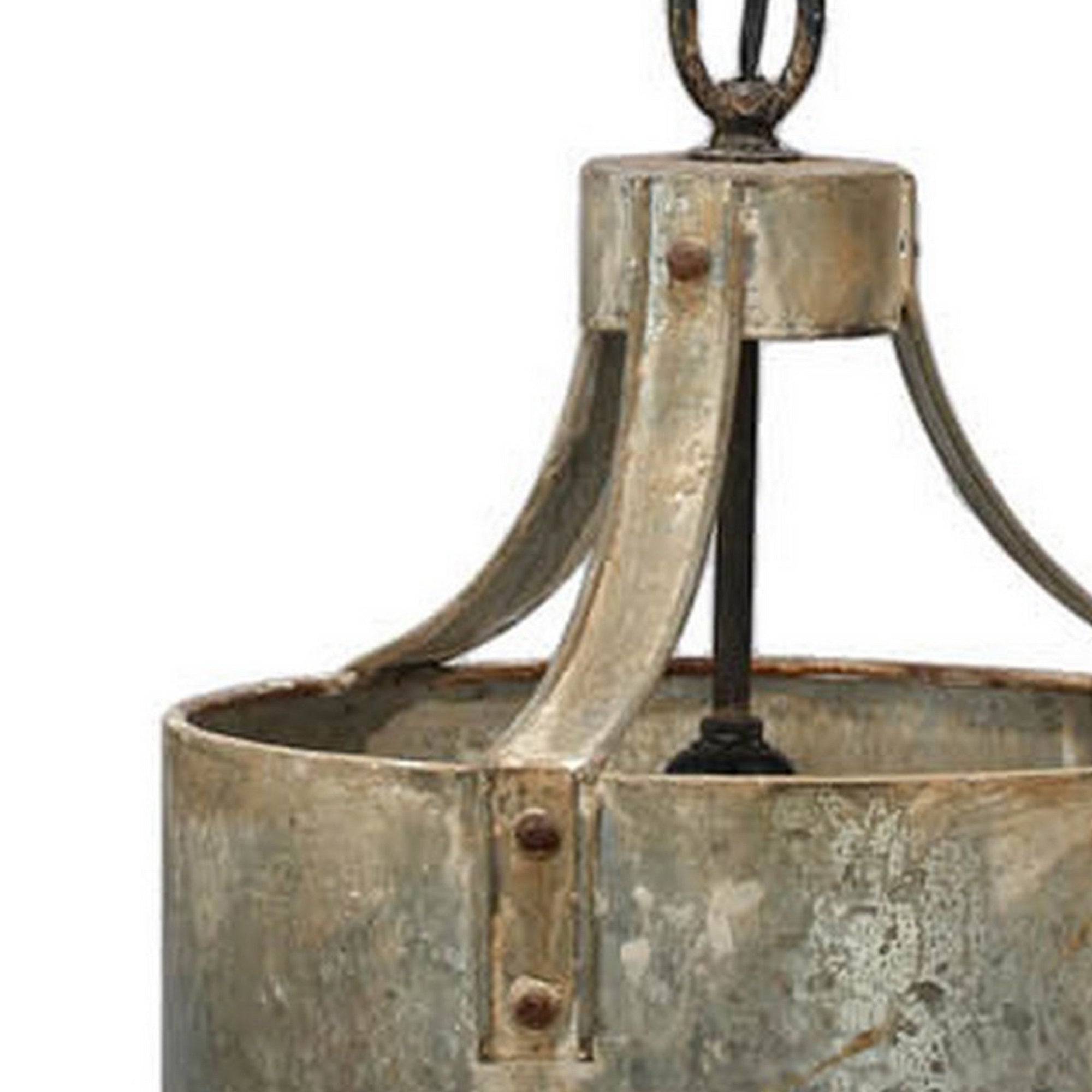 15 Inch Iron Chandelier Pendant, Aged Black Finish, Round Shade, Chain Hung