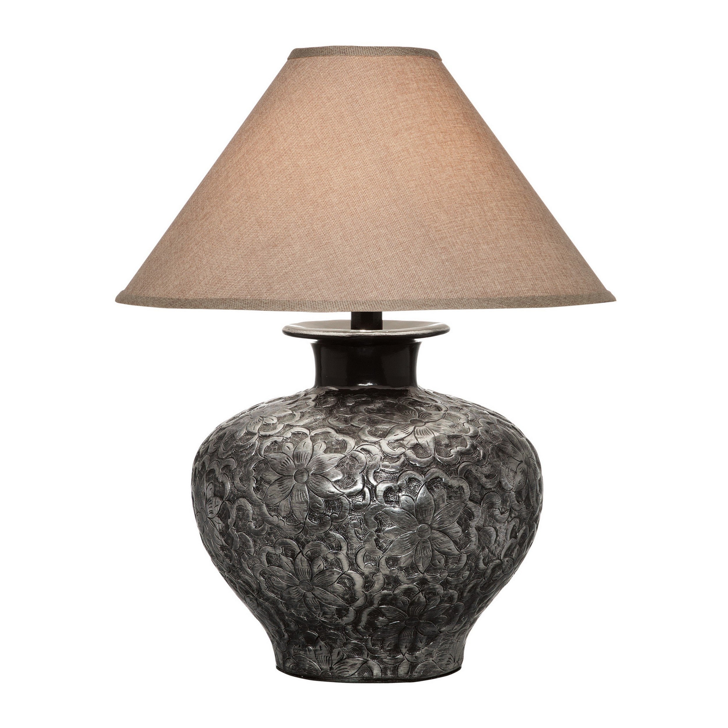 Neji 26 Inch Table Lamp, Curved Pot Design Base, Floral Pattern, Silver