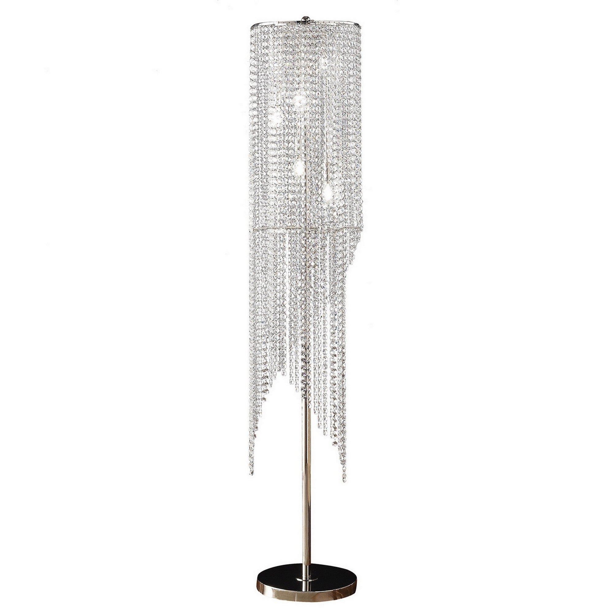 Mindy 62 Inch Floor Lamp, Crystal Raindrops Design, Metal, Clear Finish