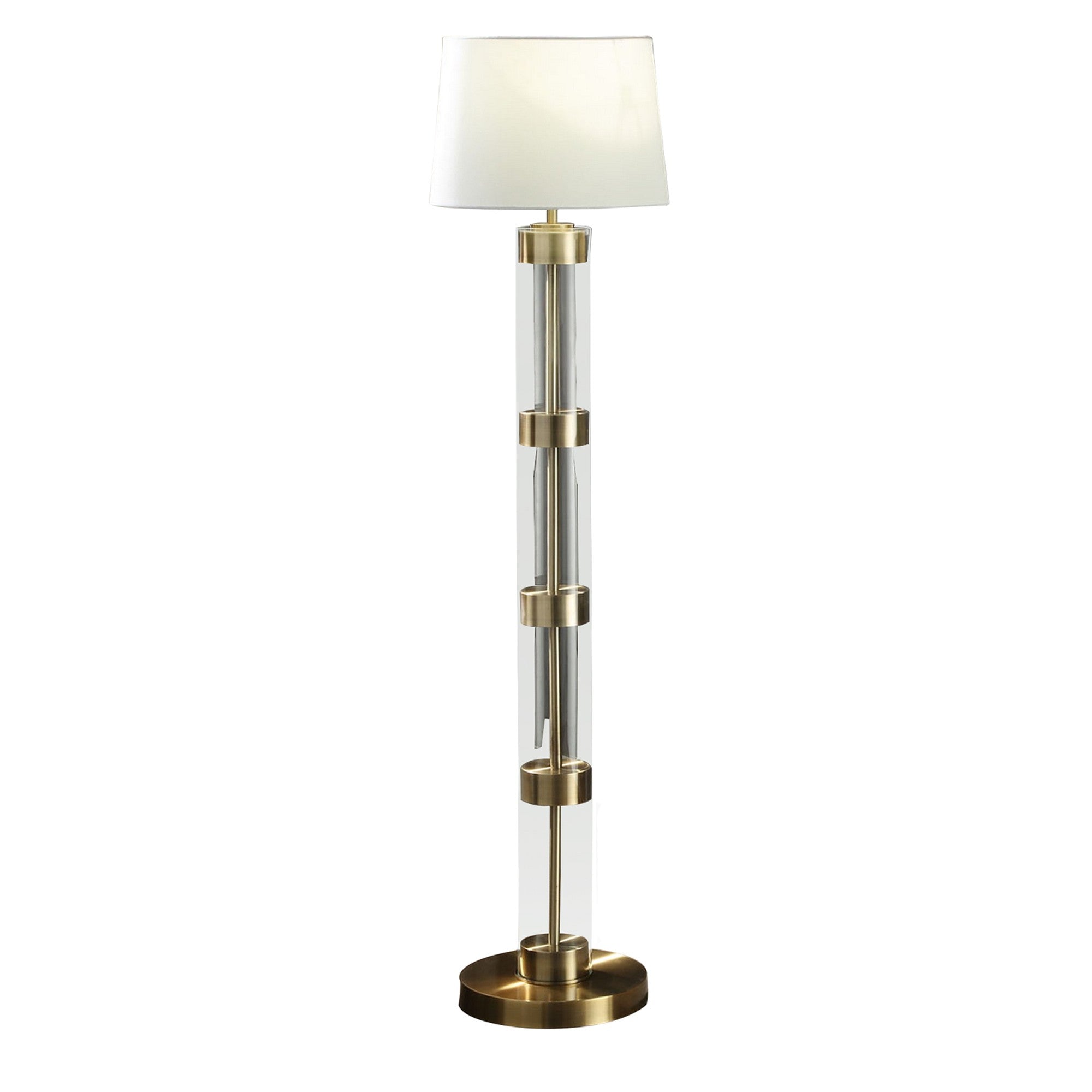 Kria 60 Inch Floor Lamp, Clear Glass Stand, Metal Bands, Antique Brass