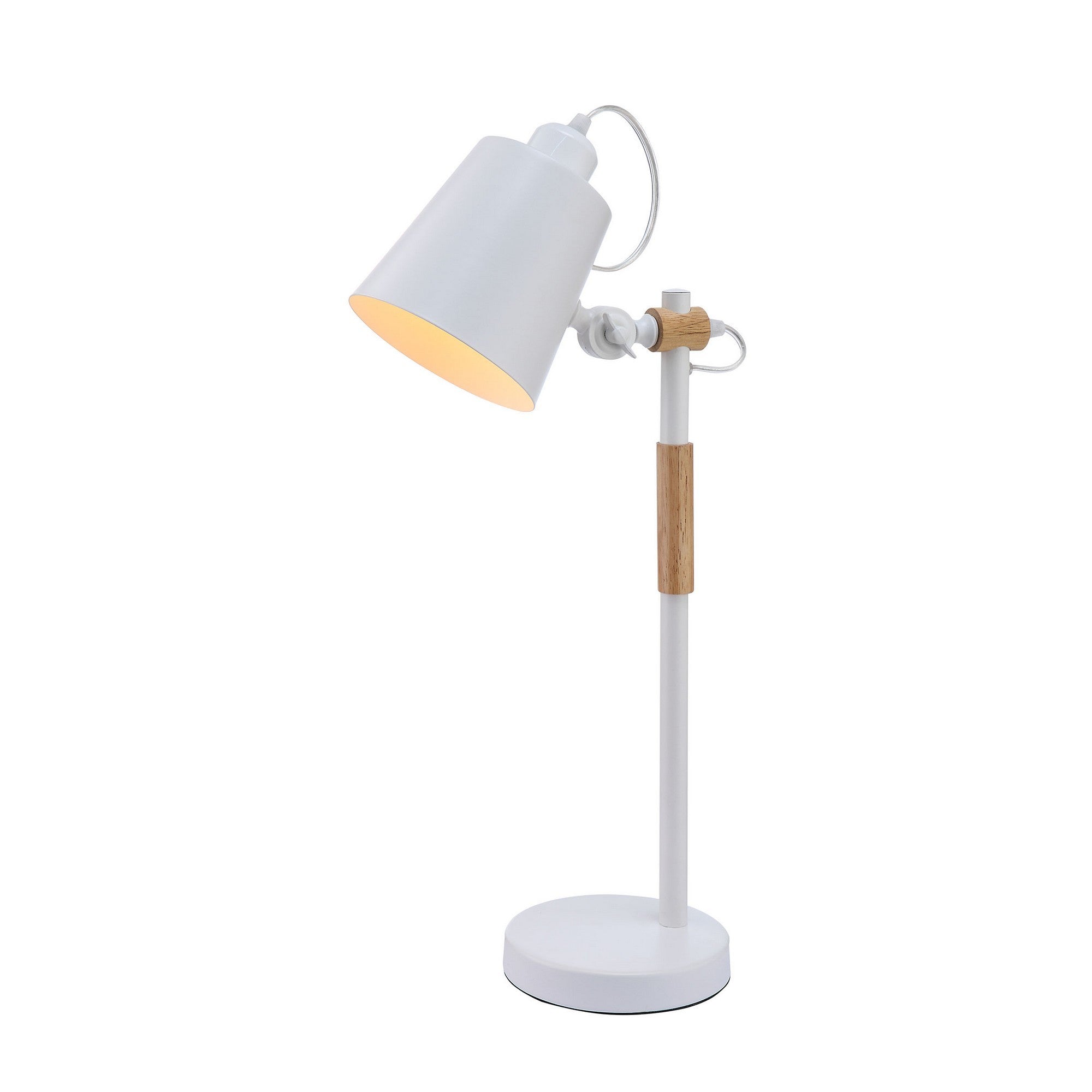 23 Inch Table Lamp, Brown Wood Trim, Dome Metal Shade White, Round Base