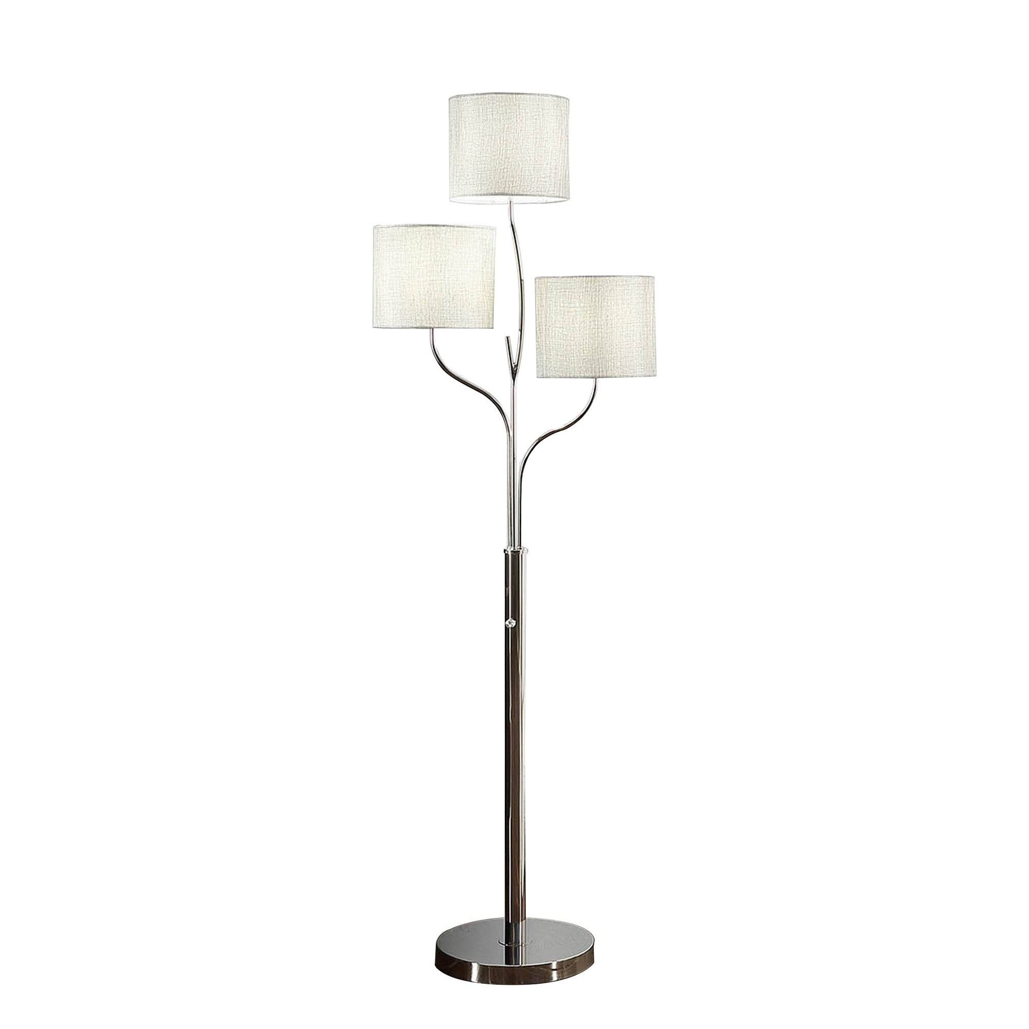 Indi 60 Inch Floor Lamp, 3 Drum Fabric Shade, Round Metal Base, Silver