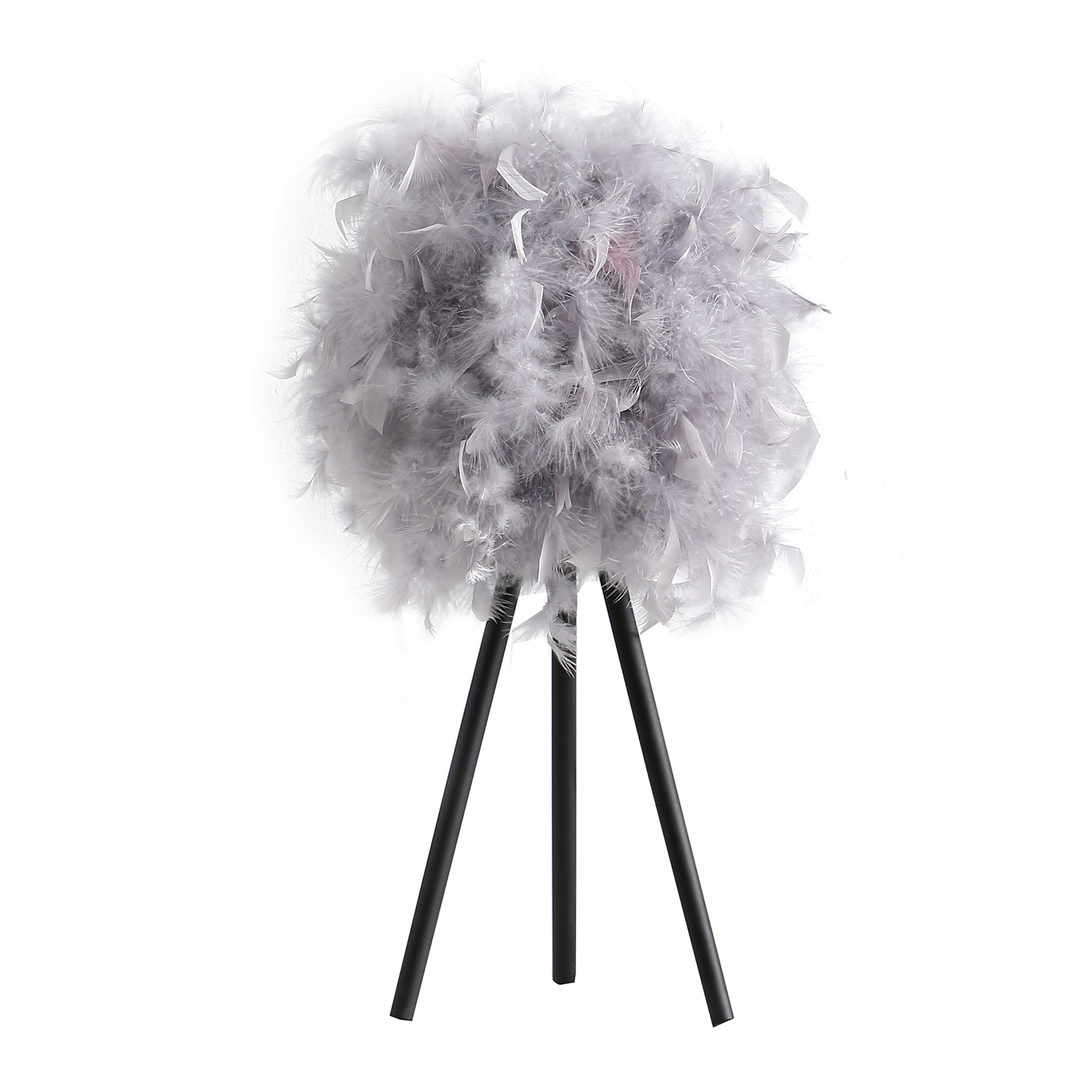 Rio 21 Inch Accent Table Lamp, Gray Feather Shade, Black Metal Tripod Base