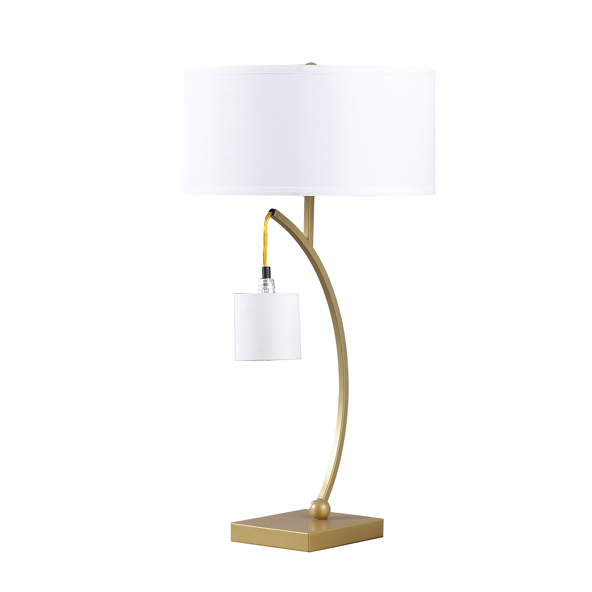 Jiya 29 Inch Arc Table Lamp, Hanging Design, 2 White Drum Shades, Gold