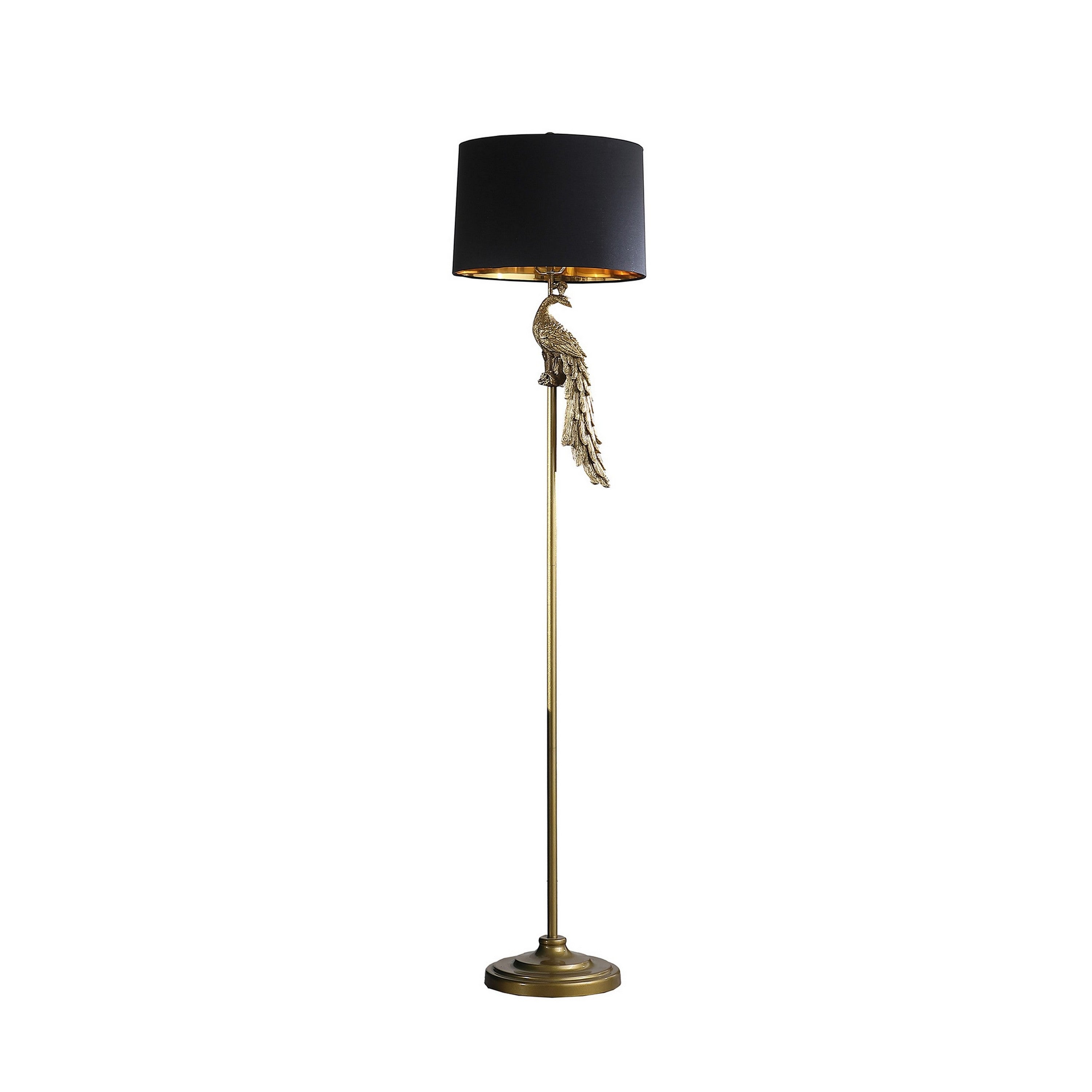 65 Inch Floor Lamp, Peacock, Linen Drum Shade, Pedestal Branch, Gold Finish