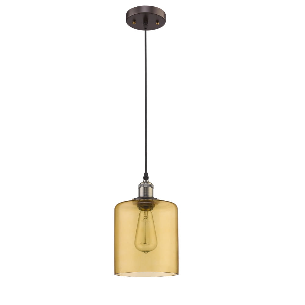 Chloe Ch58013Am07-Dp1 Bronze 7&quot; Shade Industrial-Style 1 Light Rubbed Amber Glass Ceiling Mini Pendant, 7.95 X 7.08 X 7.08