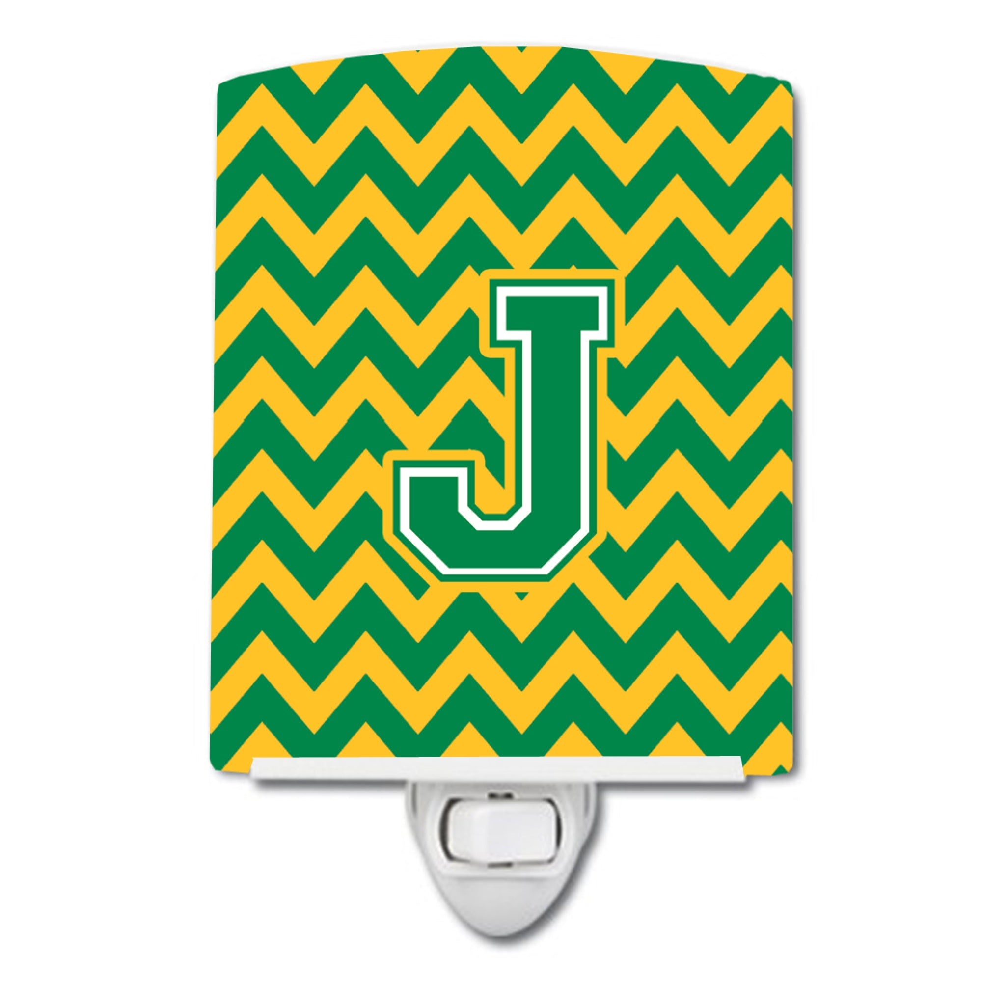  inchCarolines Treasures Letter J Chevron Green and Gold Ceramic Night Light, 6x4, Multicolor inch