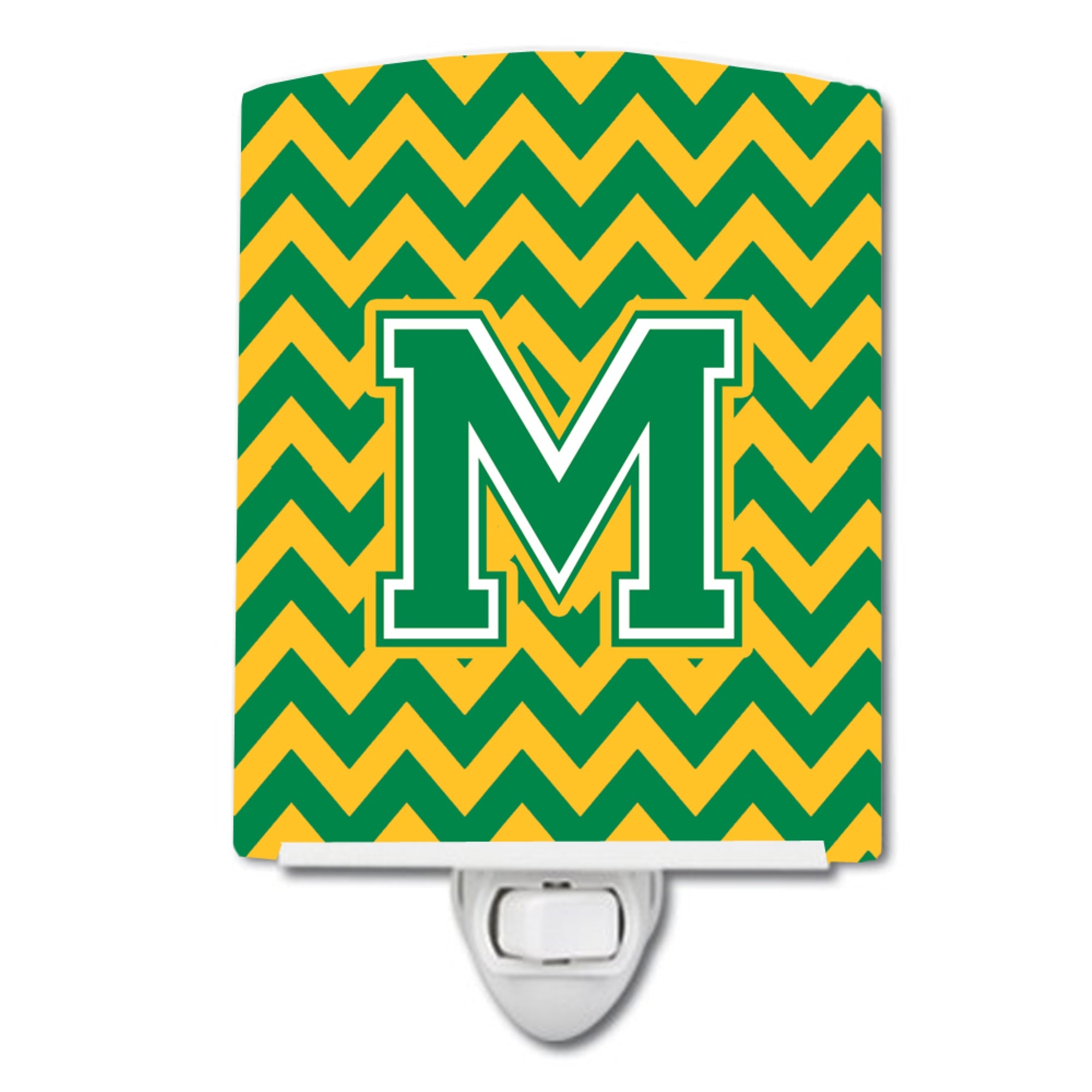  inchCarolines Treasures Letter M Chevron Green and Gold Ceramic Night Light, 6x4, Multicolor inch