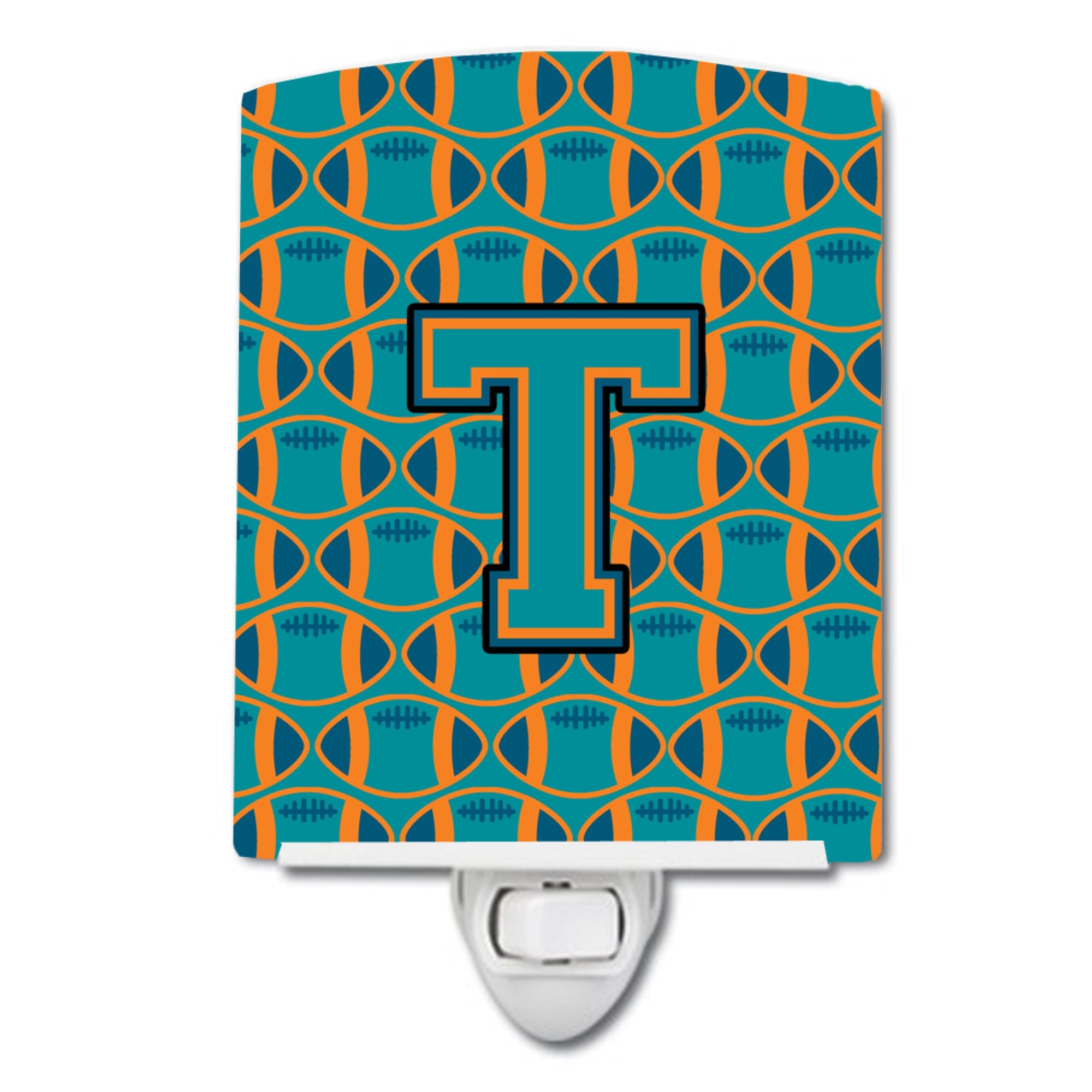  inchCarolines Treasures Letter T Football Aqua, Orange and Marine Blue Ceramic Night Light, 6x4, Multicolor inch