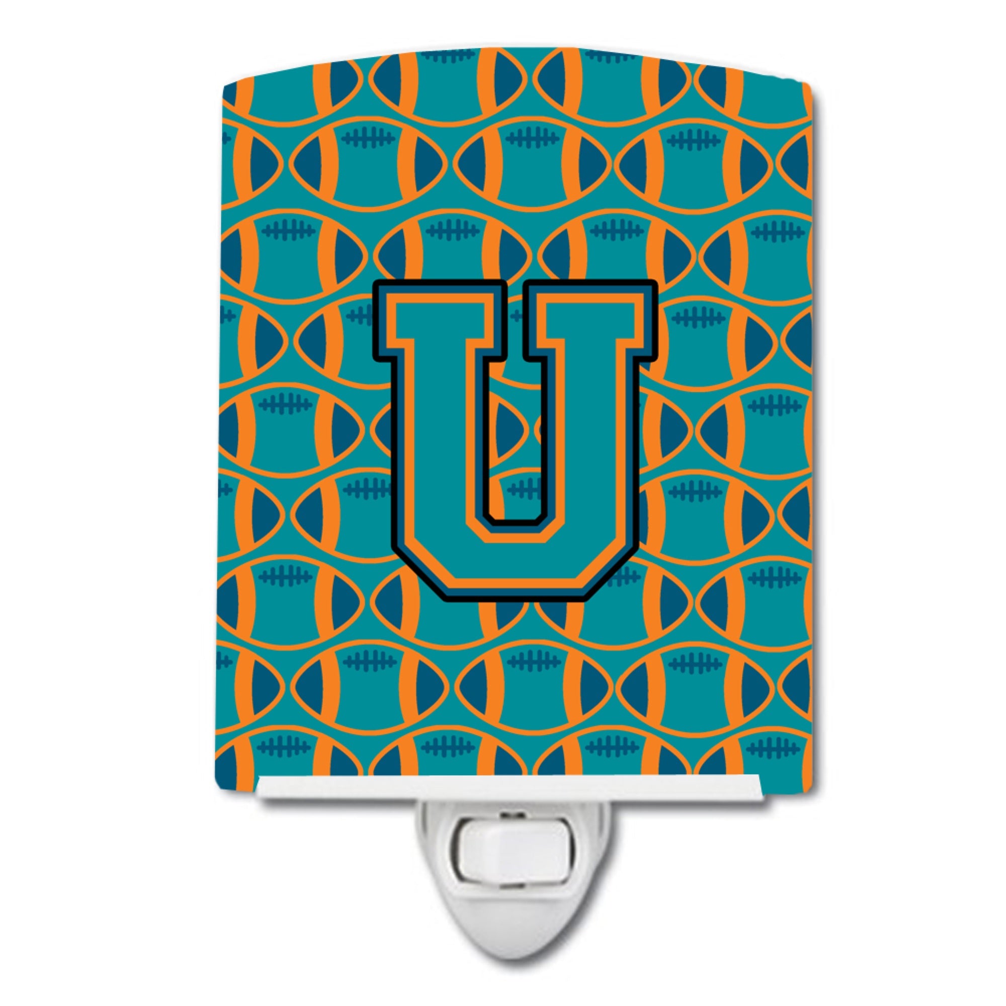  inchCarolines Treasures Letter U Football Aqua, Orange and Marine Blue Ceramic Night Light, 6x4, Multicolor inch