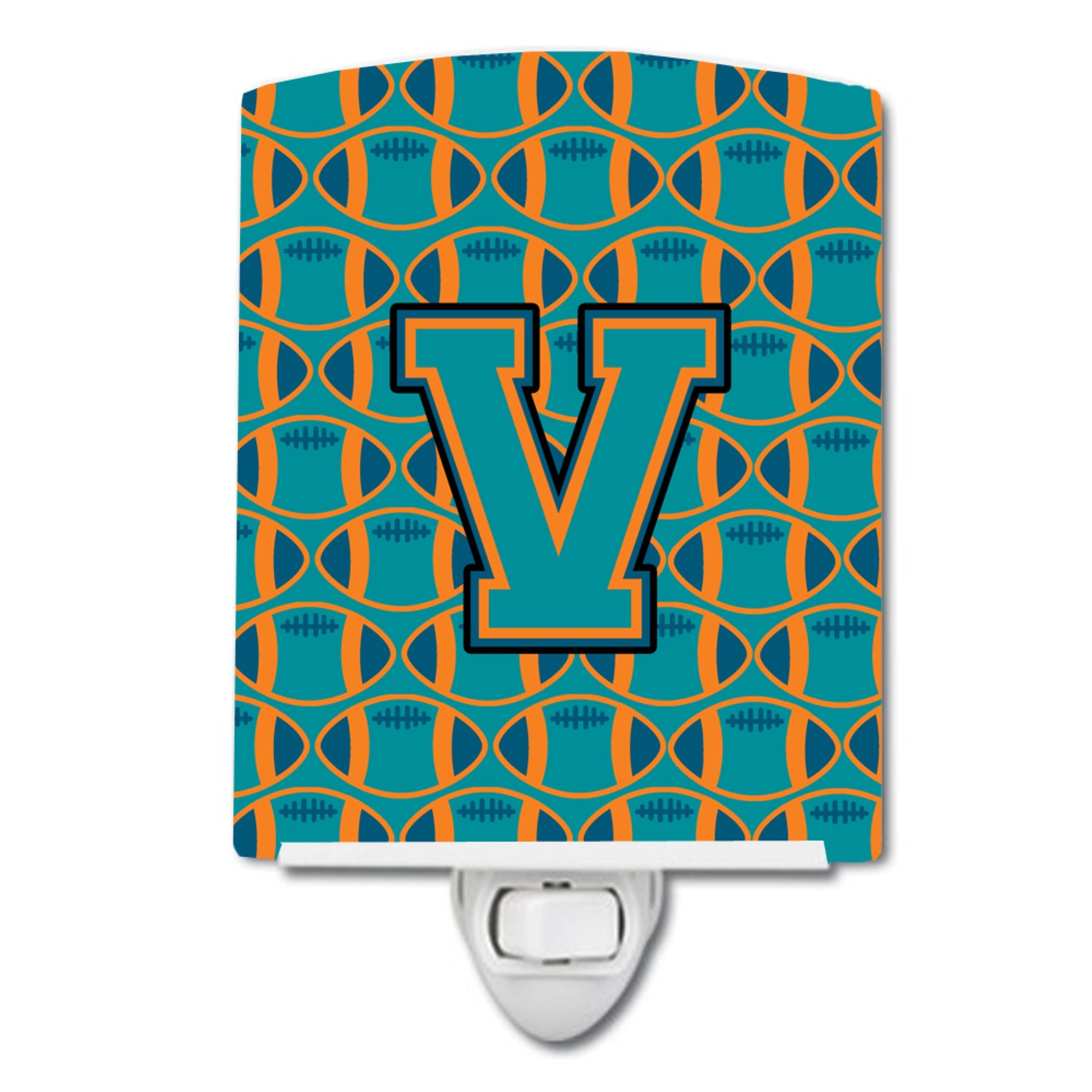  inchCarolines Treasures Letter V Football Aqua, Orange and Marine Blue Ceramic Night Light, 6x4, Multicolor inch