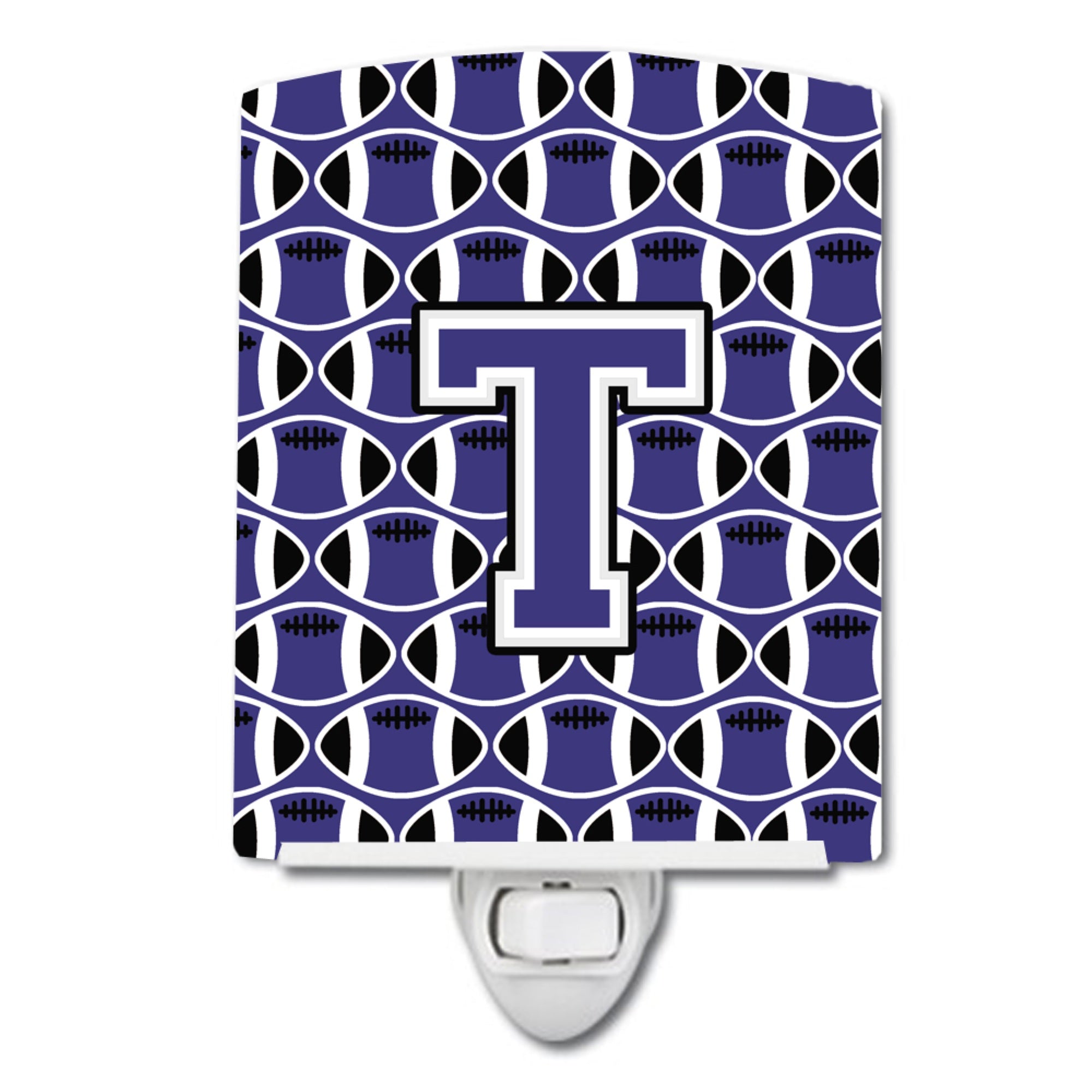  inchCarolines Treasures Letter T Football Purple and White Ceramic Night Light, 6x4, Multicolor inch