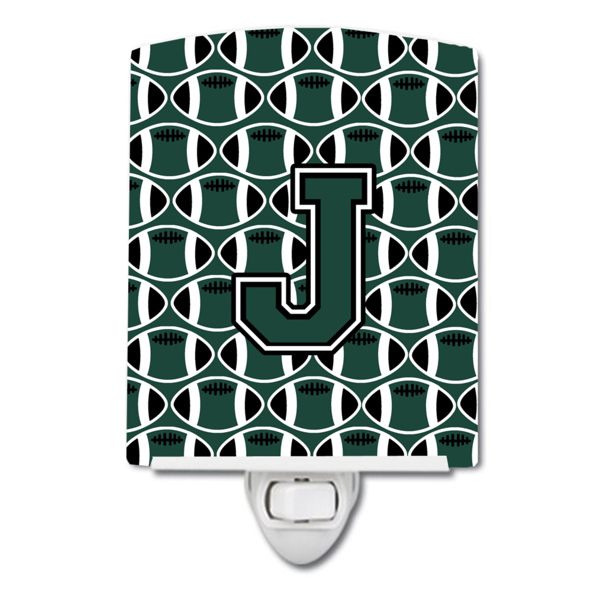  inchCarolines Treasures Letter J Football Green and White Ceramic Night Light, 6x4, Multicolor inch