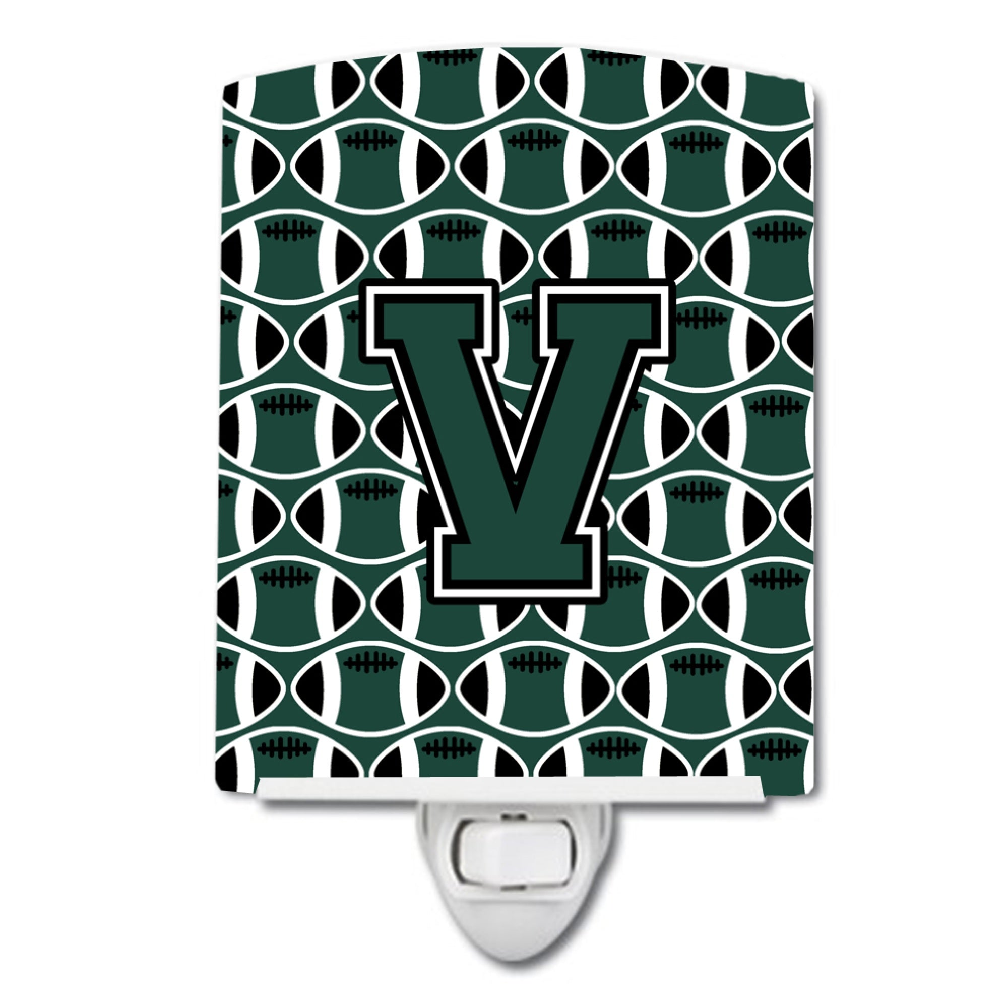  inchCarolines Treasures Letter V Football Green and White Ceramic Night Light, 6x4, Multicolor inch