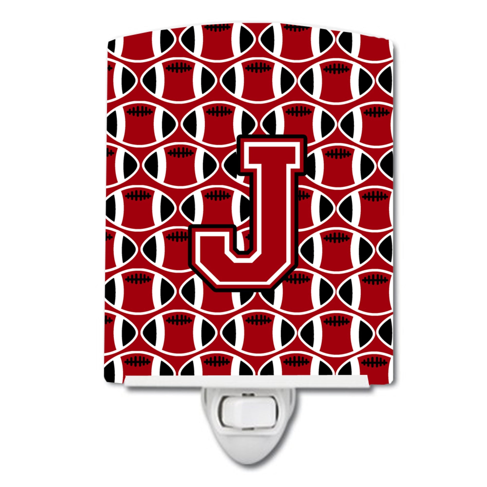  inchCarolines Treasures Letter J Football Red, Black and White Ceramic Night Light, 6x4, Multicolor inch