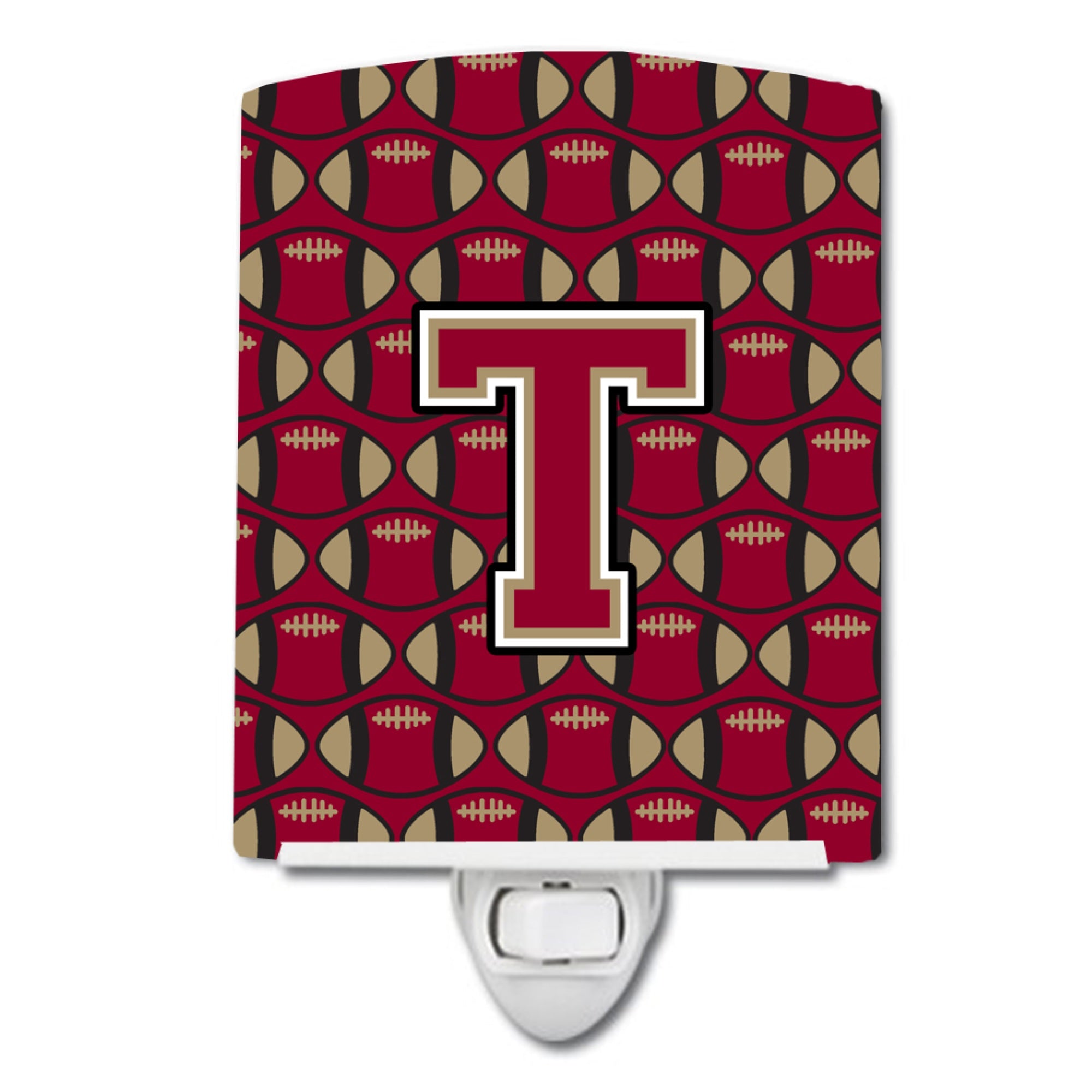  inchCarolines Treasures Letter T Football Garnet and Gold Ceramic Night Light, 6x4, Multicolor inch