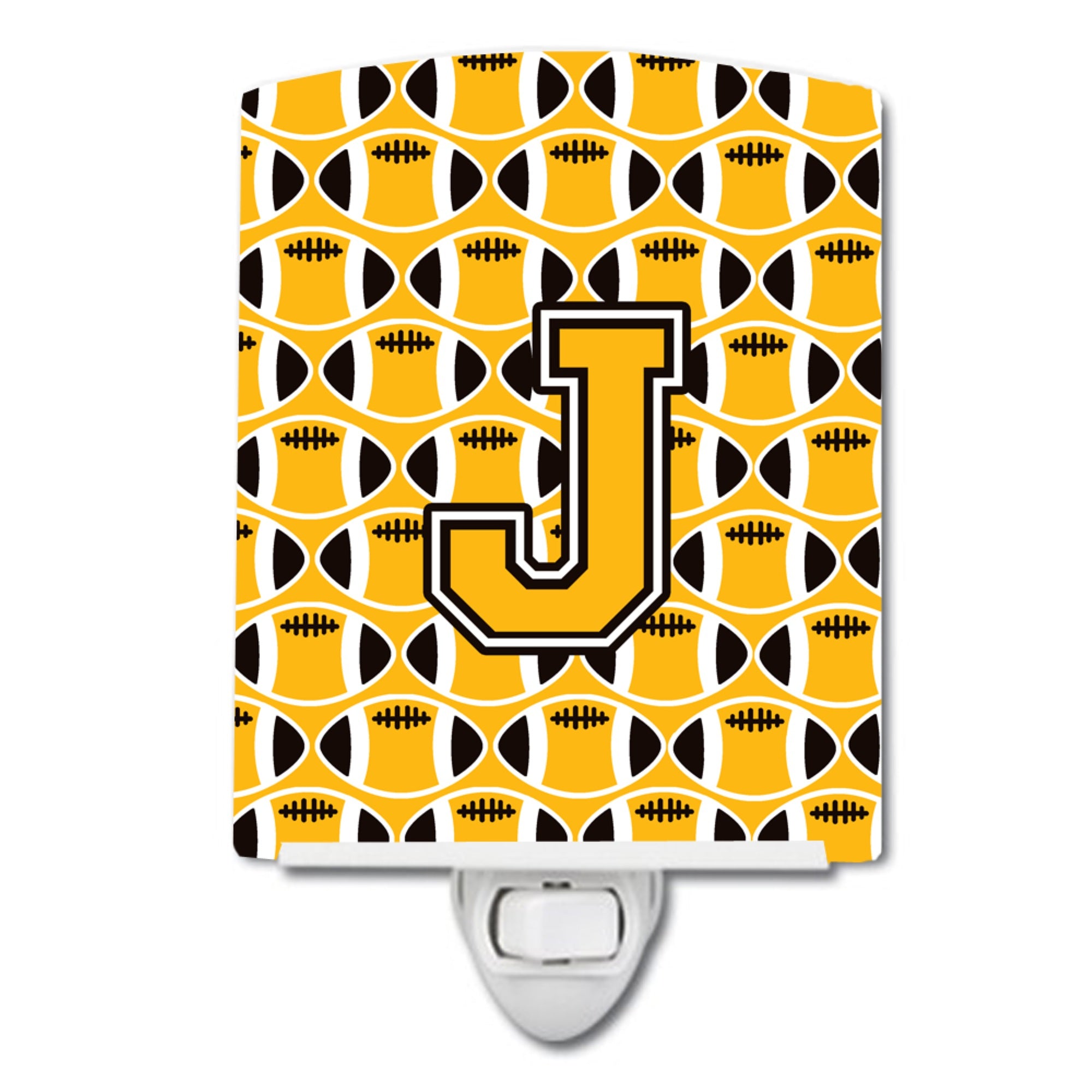 inchCarolines Treasures Letter J Football Black, Old Gold and White Ceramic Night Light, 6x4, Multicolor inch