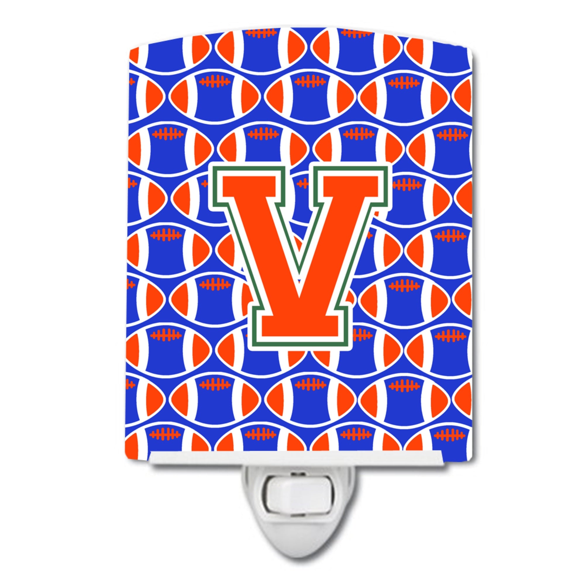  inchCarolines Treasures Letter V Football Green, Blue and Orange Ceramic Night Light, 6x4, Multicolor inch