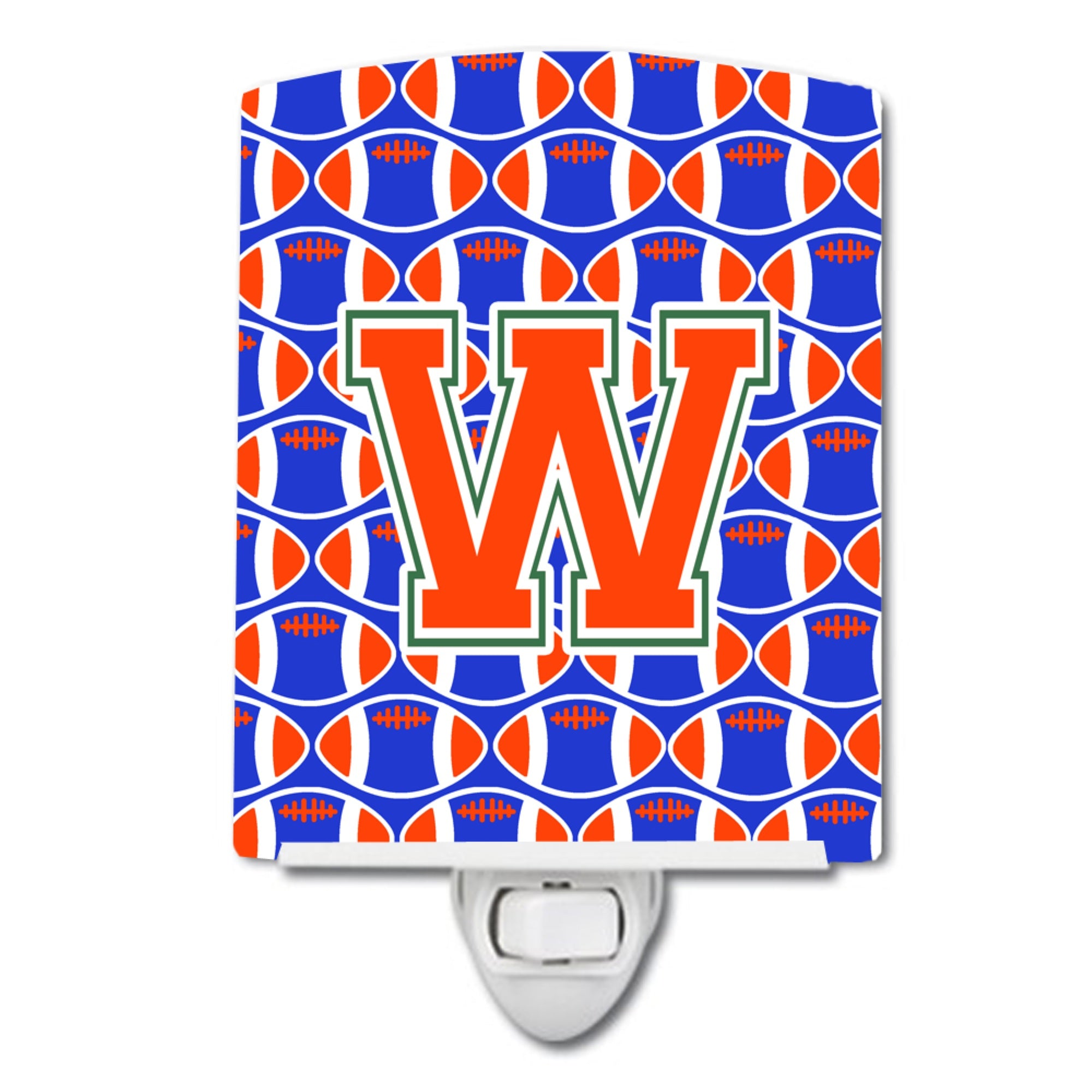  inchCarolines Treasures Letter W Football Green, Blue and Orange Ceramic Night Light, 6x4, Multicolor inch