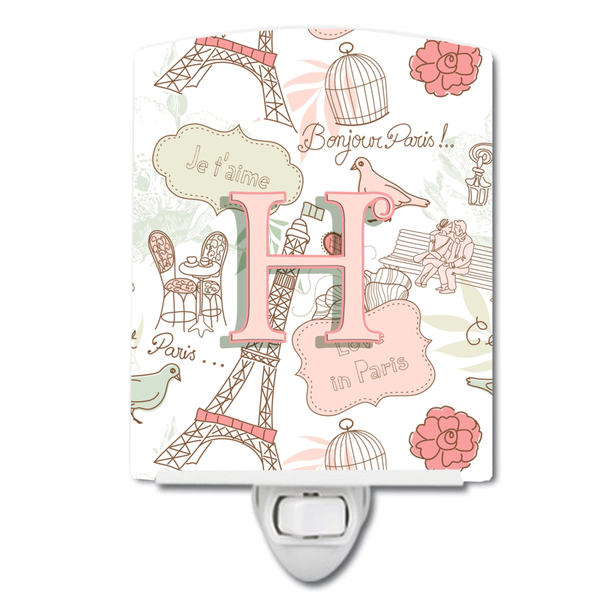  inchCarolines Treasures Letter H Love in Paris Pink Ceramic Night Light, 6x4, Multicolor inch