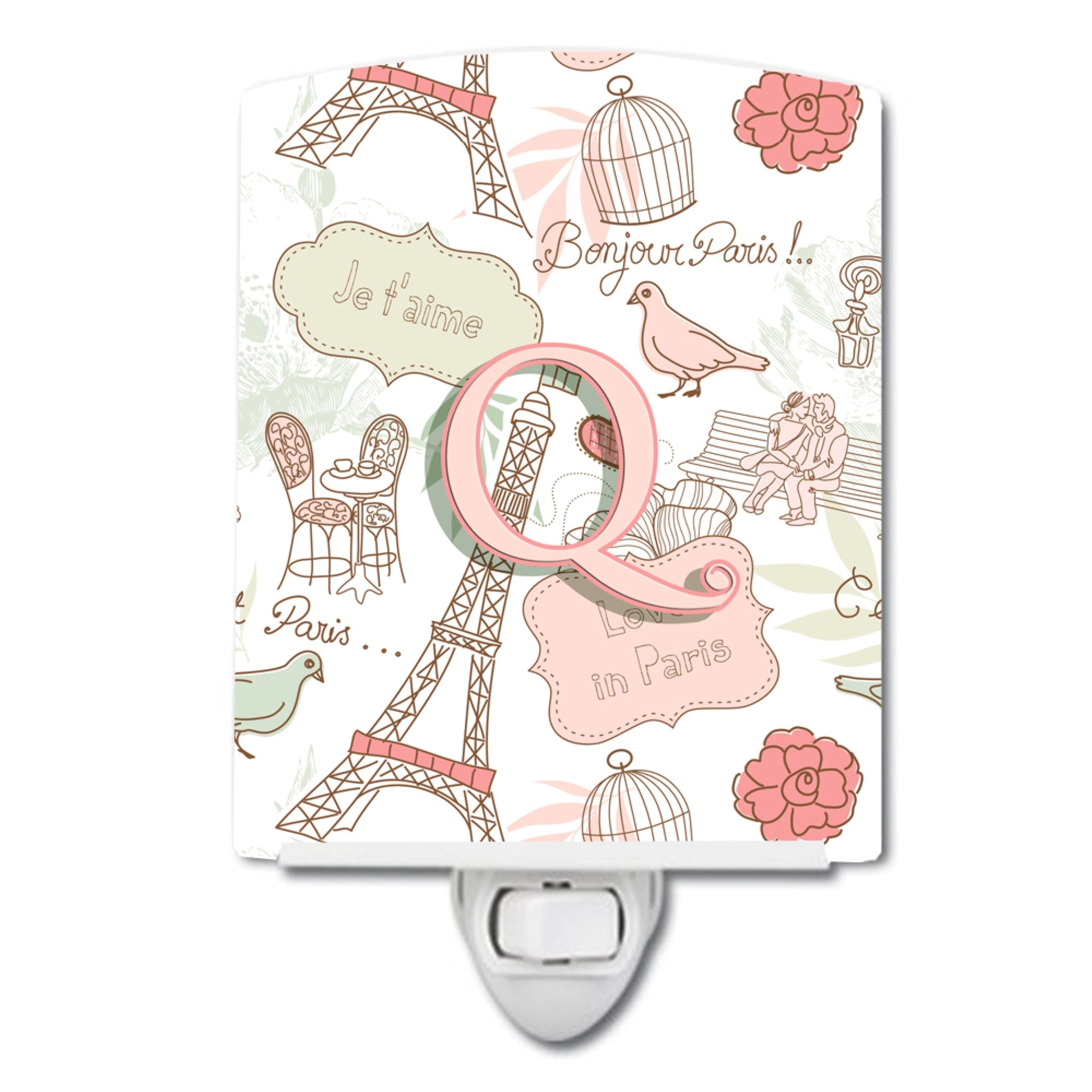  inchCarolines Treasures Letter Q Love in Paris Pink Ceramic Night Light, 6x4, Multicolor inch
